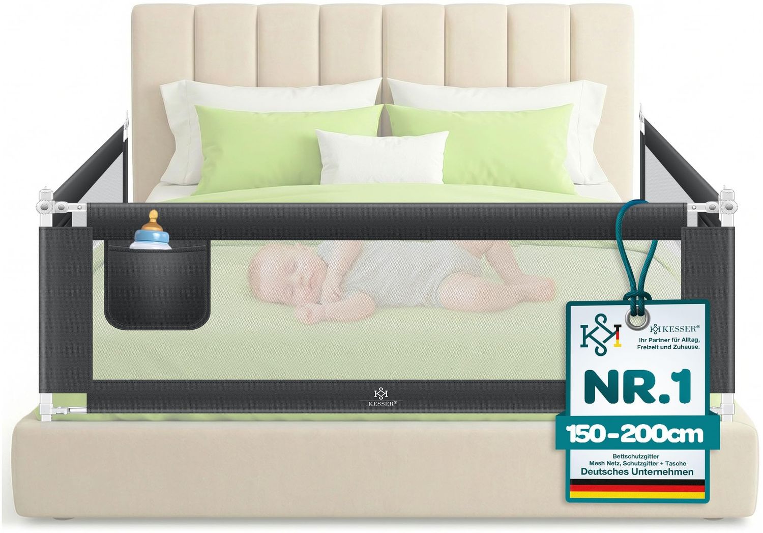 KESSER® Bettschutzgitter Reise Bett Rausfallschutz verstellbar Bed Guard Rail Bumper, Kinder/ Baby, Bettgitter Klappbar, Kinderbett Kinderbettschutzgitter, Tasche, Farbe, Höhe: 72 bis 96cm Dunkelgrau, 150cm Bild 1