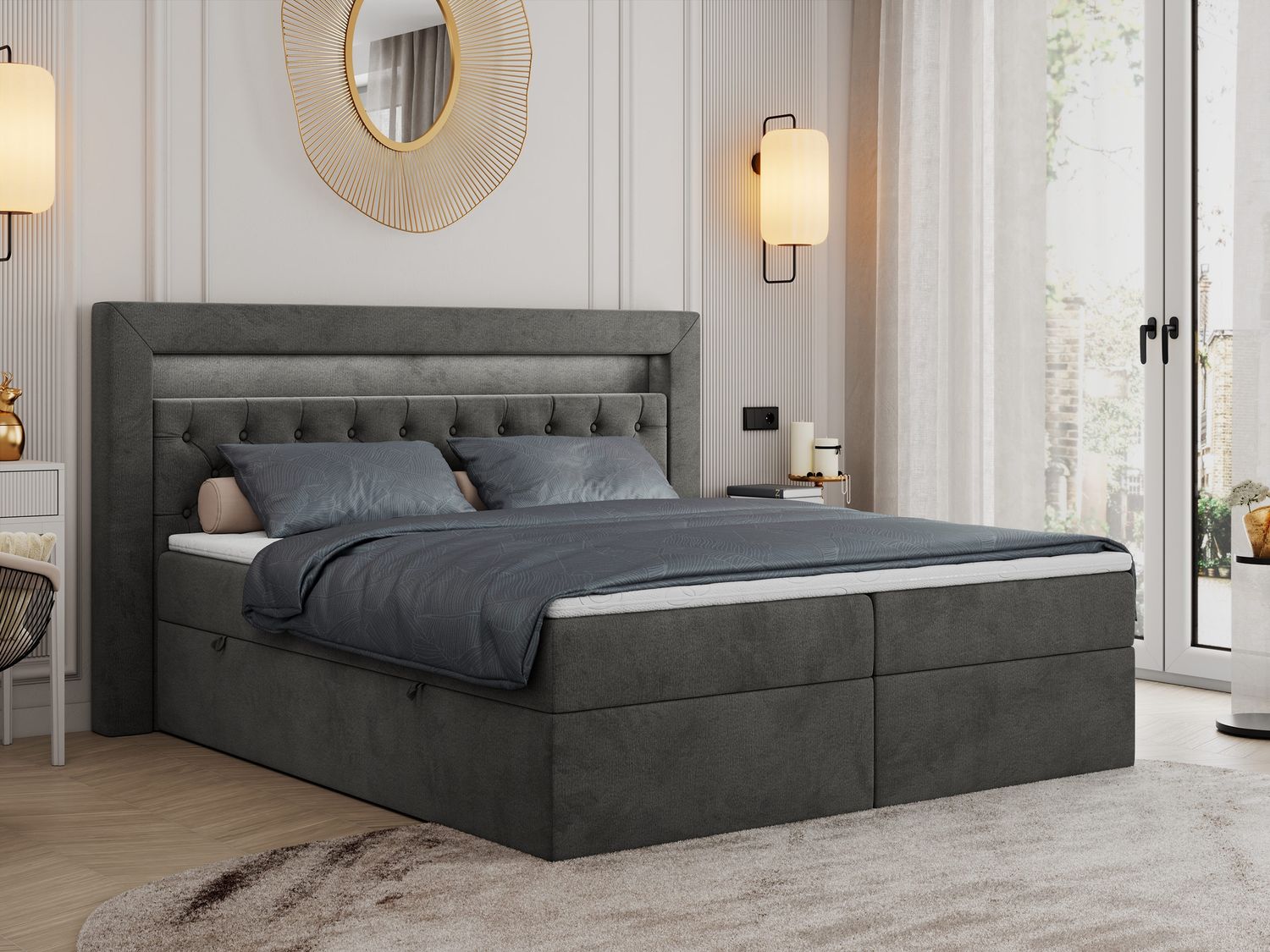 Boxspringbett - Doppelbett mit Multipocket-Matratze und LED - GOLD-6 - 180x200cm - Dunkelgrau Velours - H4 Bild 1