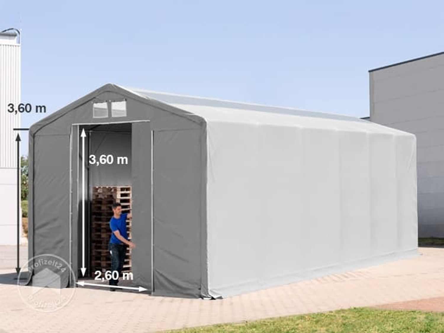 Zelthalle 6x12 m Lagerzelt Industriezelt 3,6m Seitenhöhe PVC Plane 850 N mit Oberlicht grau 100% wasserdicht mit Schiebetor Bild 1