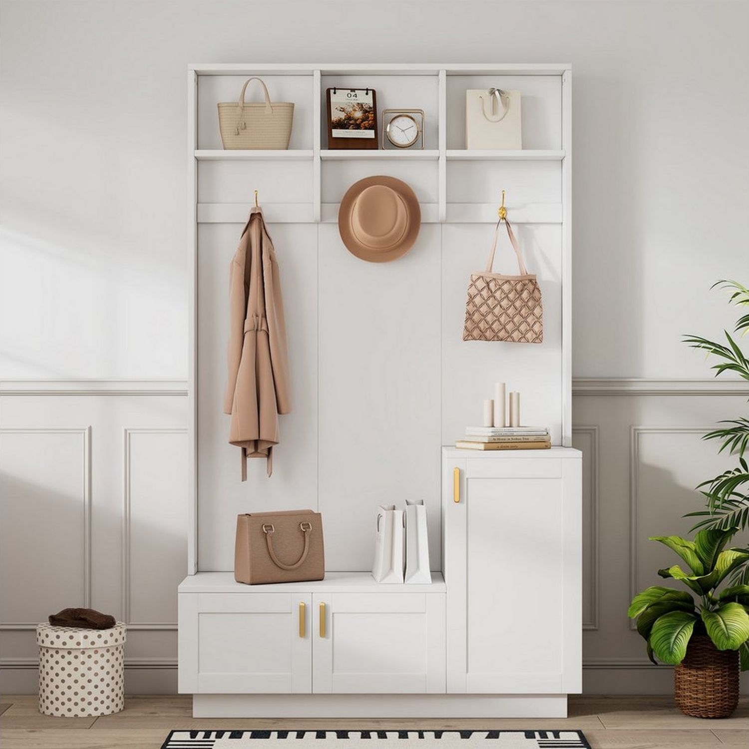 Flieks Garderoben-Set mit Schuhschrank, Sitzbank und 3 Haken, (1-St, Maße:H200/B120/T40 cm), Garderobenständer mit Schuhbank und Kissen Kleiderstange Flurschrank Bild 1