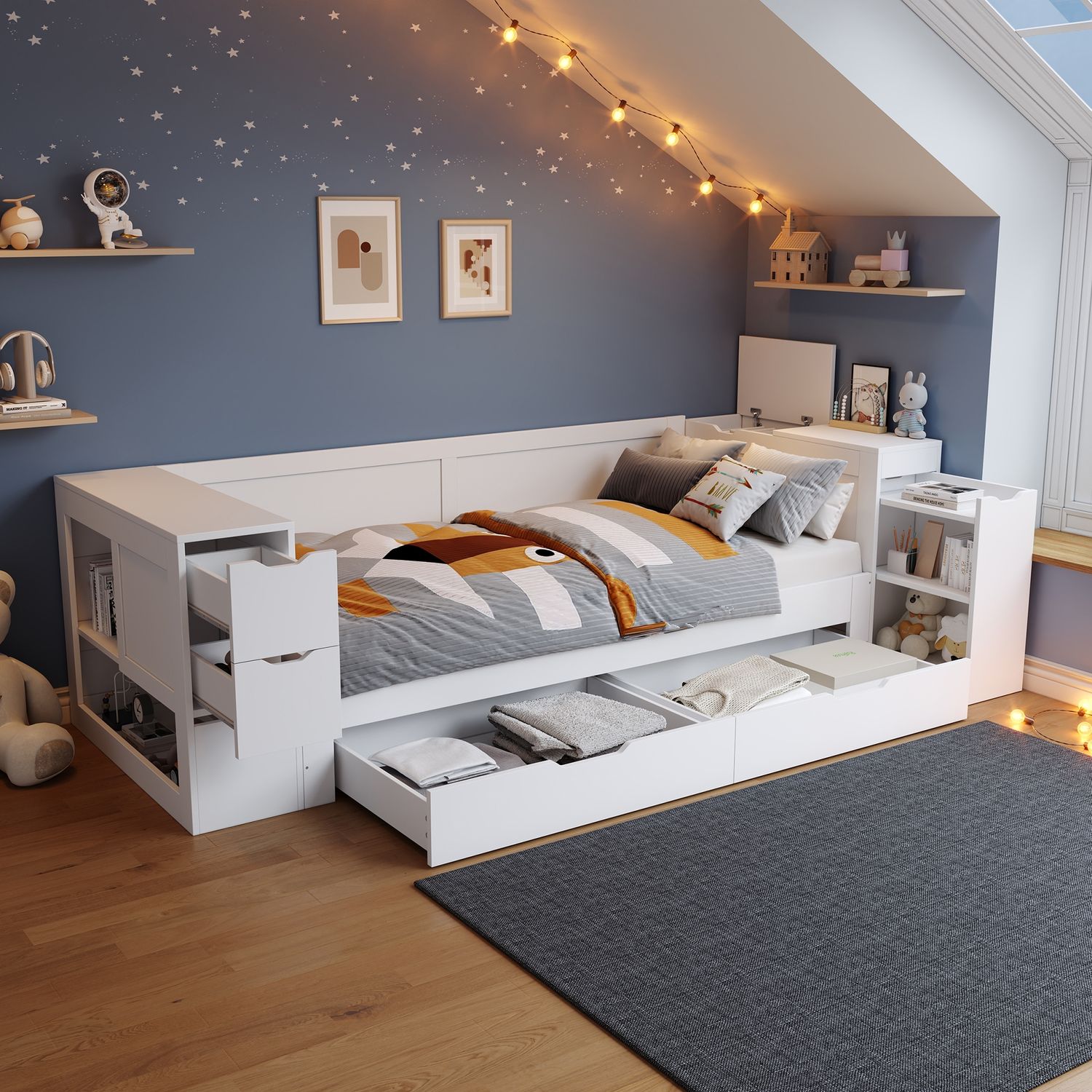 Kinderbett, Einzelbett, 90 x 190 cm, multifunktionales Kinderbett mit Schubladen und Stauraum, Matratze nicht im Lieferumfang enthalten, Weiß. Bild 1