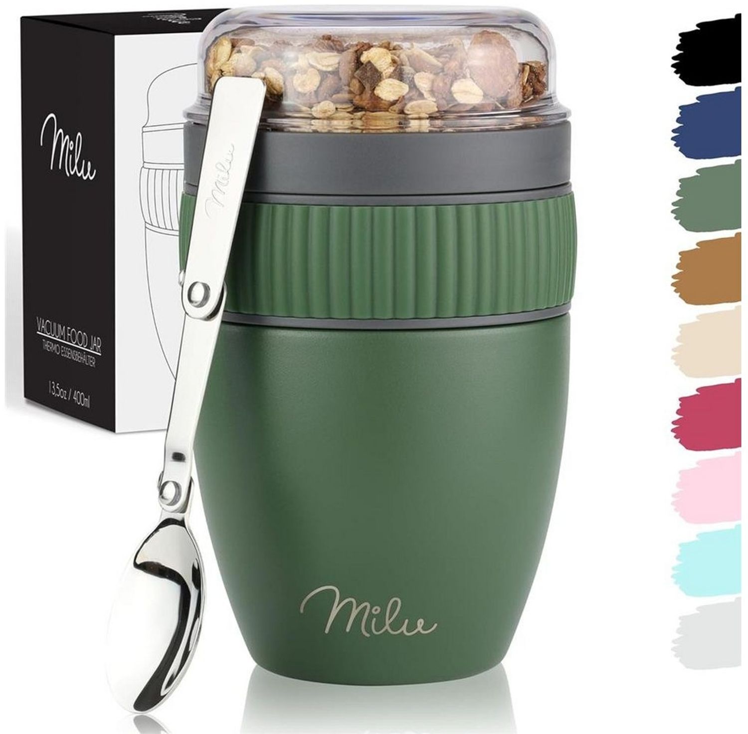 Milu Müslibox Müslibecher To Go Edelstahl 400 ml, isoliert, auslaufsicher, Müslimax Set Bild 1
