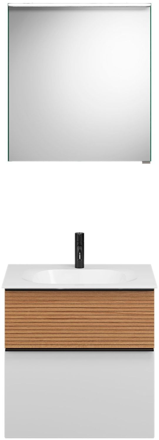 Burgbad FIUMO Waschtisch Set mit Spiegelschrank 62 cm breit, Braun/Weiß, Waschbecken Gussmarmor Weiß, Anschlag links Bild 1
