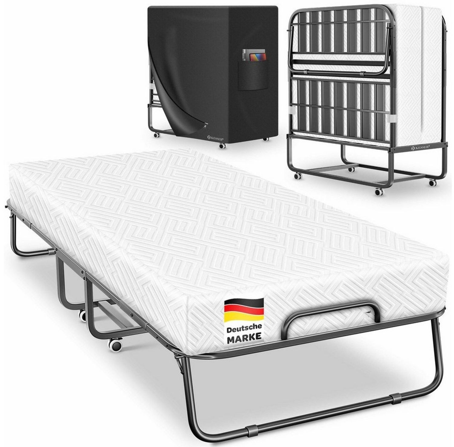 KESSER® Klappbett 200x90cm Gästebett inkl. Matratze aus Memory-Schaum & Rollen | faltbares Reisebett mit Metallrahmen für Erwachsene belastbar bis 250kg | Metallbett mit Schaumstoffmatratze & Cover Weiß, Premium Komfort Bild 1