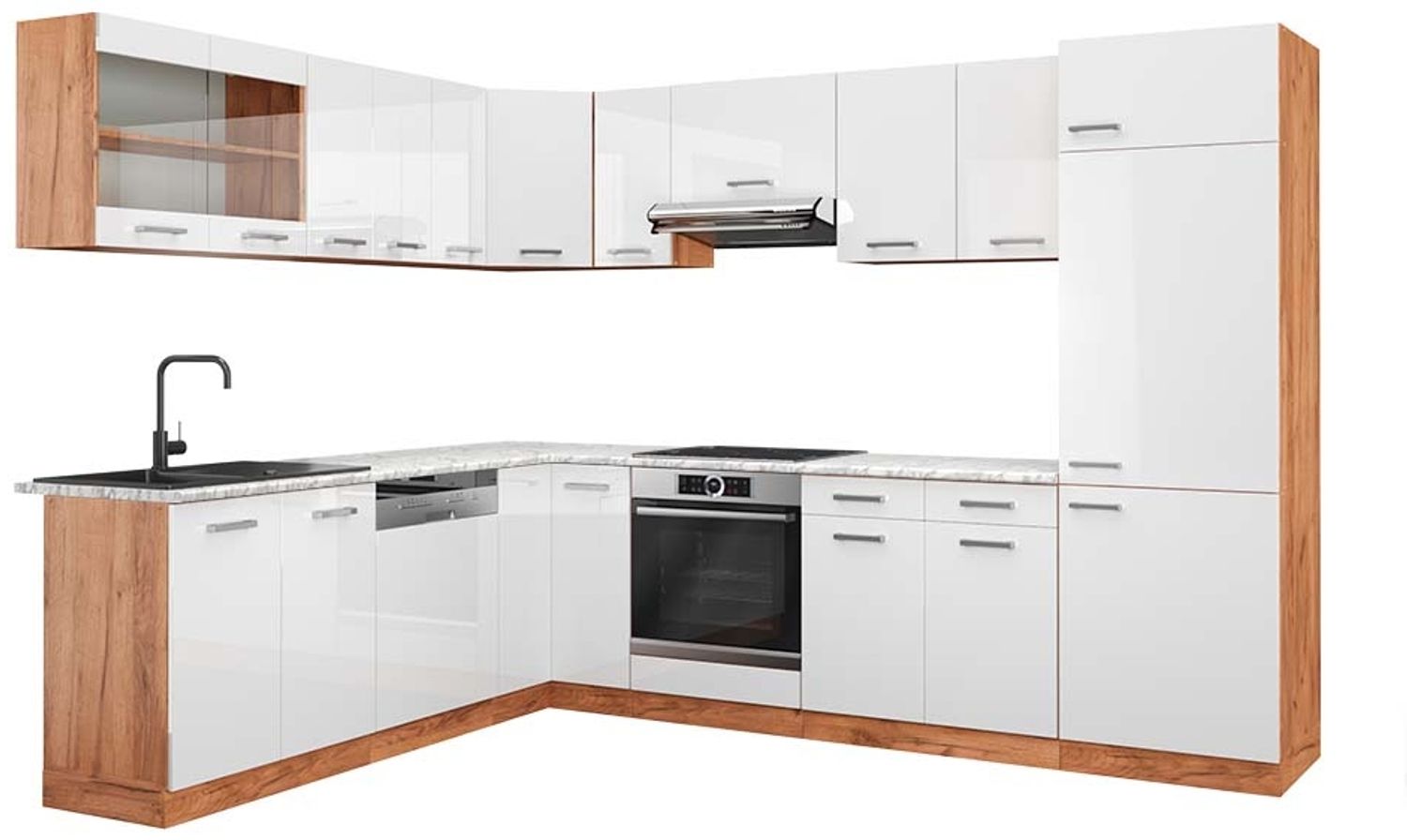 Eckküche R-Line Weiß Hochglanz/Goldkraft Eiche 287 x 60 cm , AP Marmor Vicco Bild 1