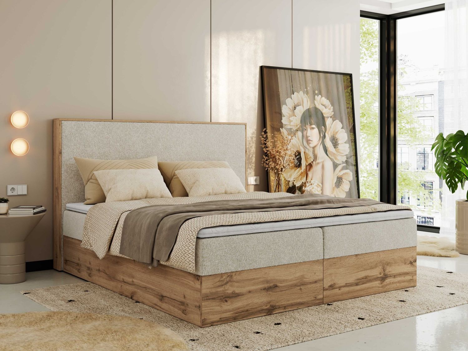 Doppelbett, Boxspringbett mit Bettkästen, Multipocket-Matratze und Topper, Set mit Kopfteil, Eiche Wotan Holzrahmen - WOOD CLASSIC - 160 x 200 cm - Creme Struktur - H4 Bild 1