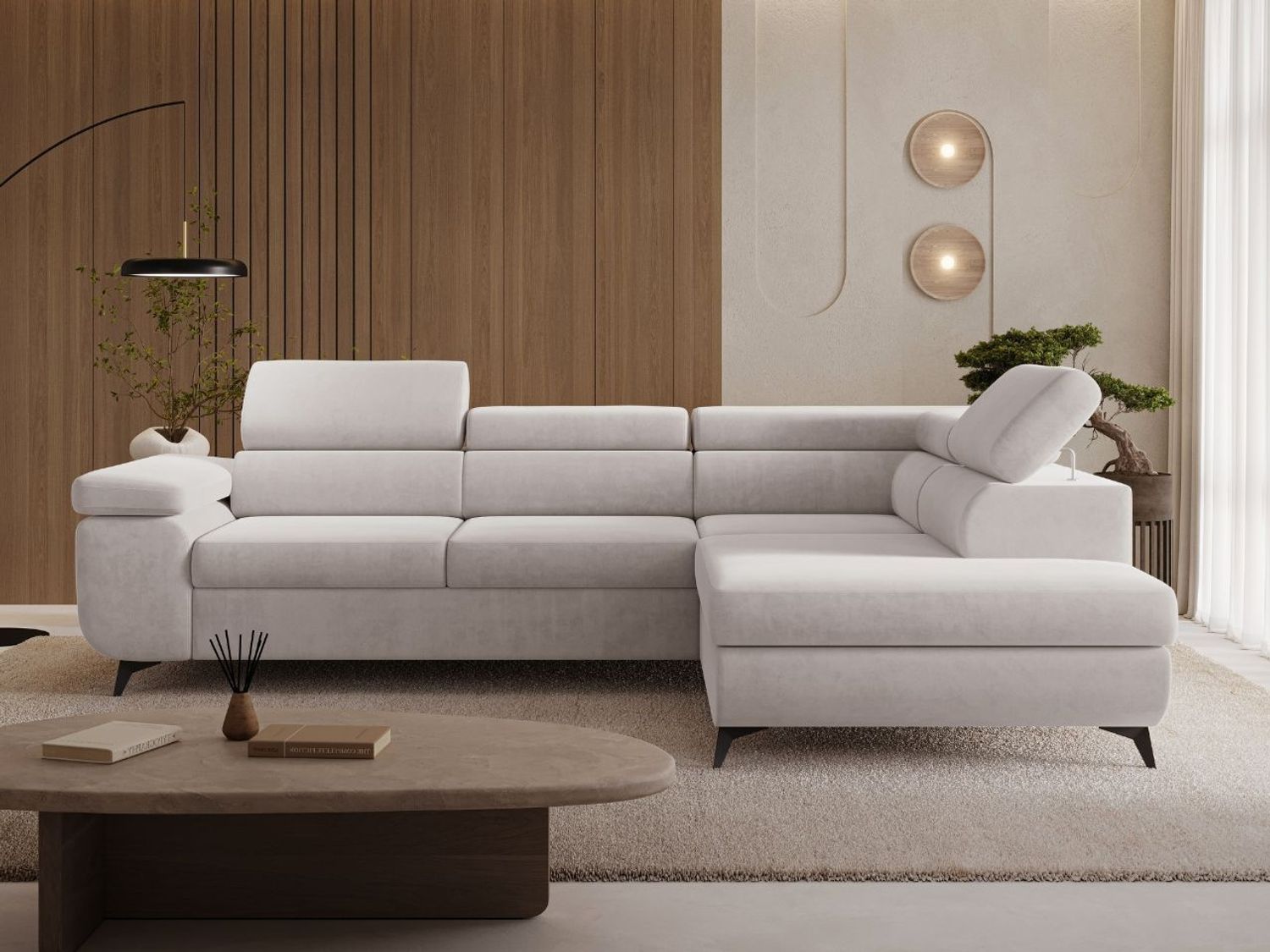 GRAINGOLD Ecksofa L-Form Argon L, Couch mit Wellenfeder, mit Schlaffunktion und Bettkasten, Velour-Stoff, Grau Bild 1