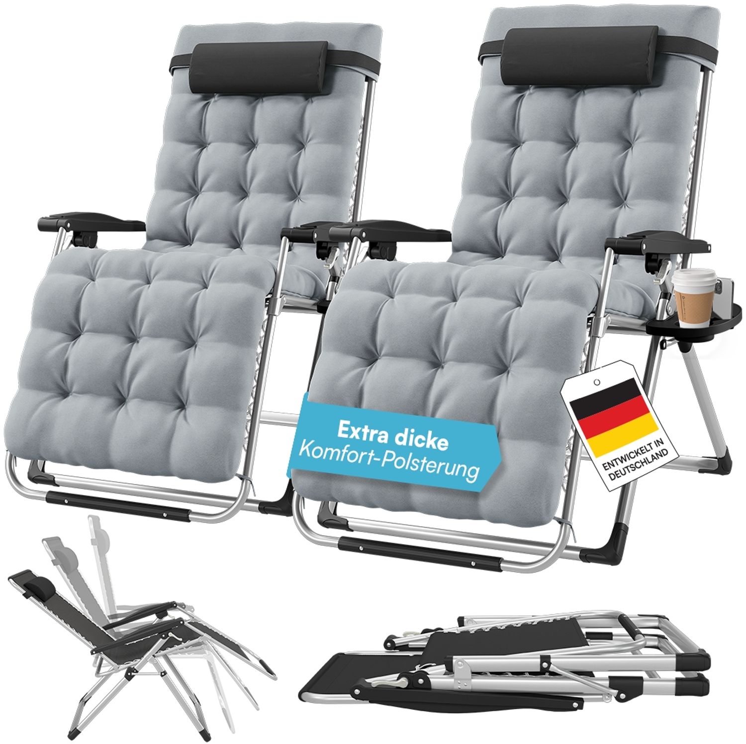 STEELSØN 'Lysira' Liegestuhl, klappbar & wetterfest, grau/silber, Sonnenliege mit extra dicker Polsterauflage, verstellbarer Gartenstuhl, bis 200 kg belastbar, 2er Set Bild 1