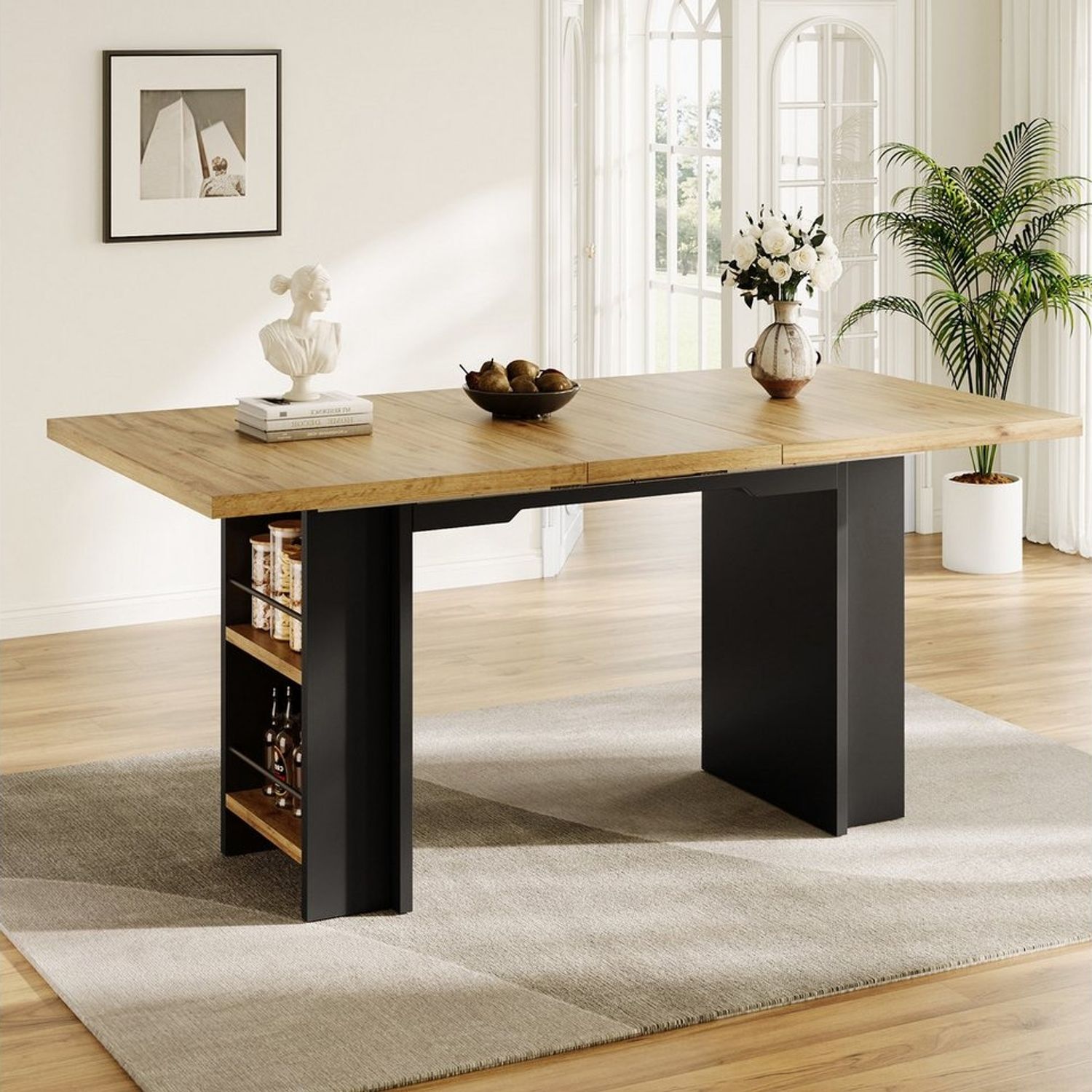 Flieks Esstisch ausziehbare Tischplatte in Holzoptik (Länge120-160/T80/H75 cm, 1-St, 1 Tisch), erweiterbarer Küchentisch mit Regalen Schreibtisch rechteckig Bild 1