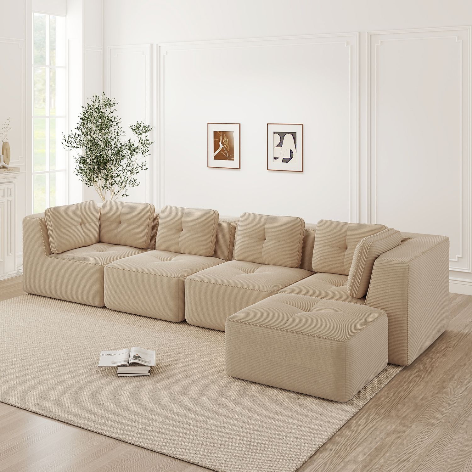 4-Sitzer Sofa 386x177x69 cm aus Cordstoff rahmenlos modular mit Ottomane, beige Bild 1