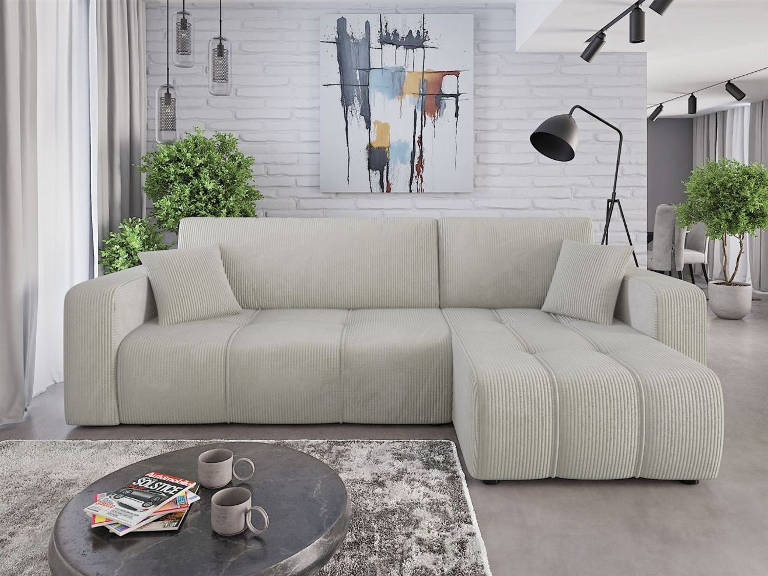 Ecksofa mit Schlaffunktion Sofa DAGNY in Stoff Poso Hellgrau Ottomane Rechts Bild 1