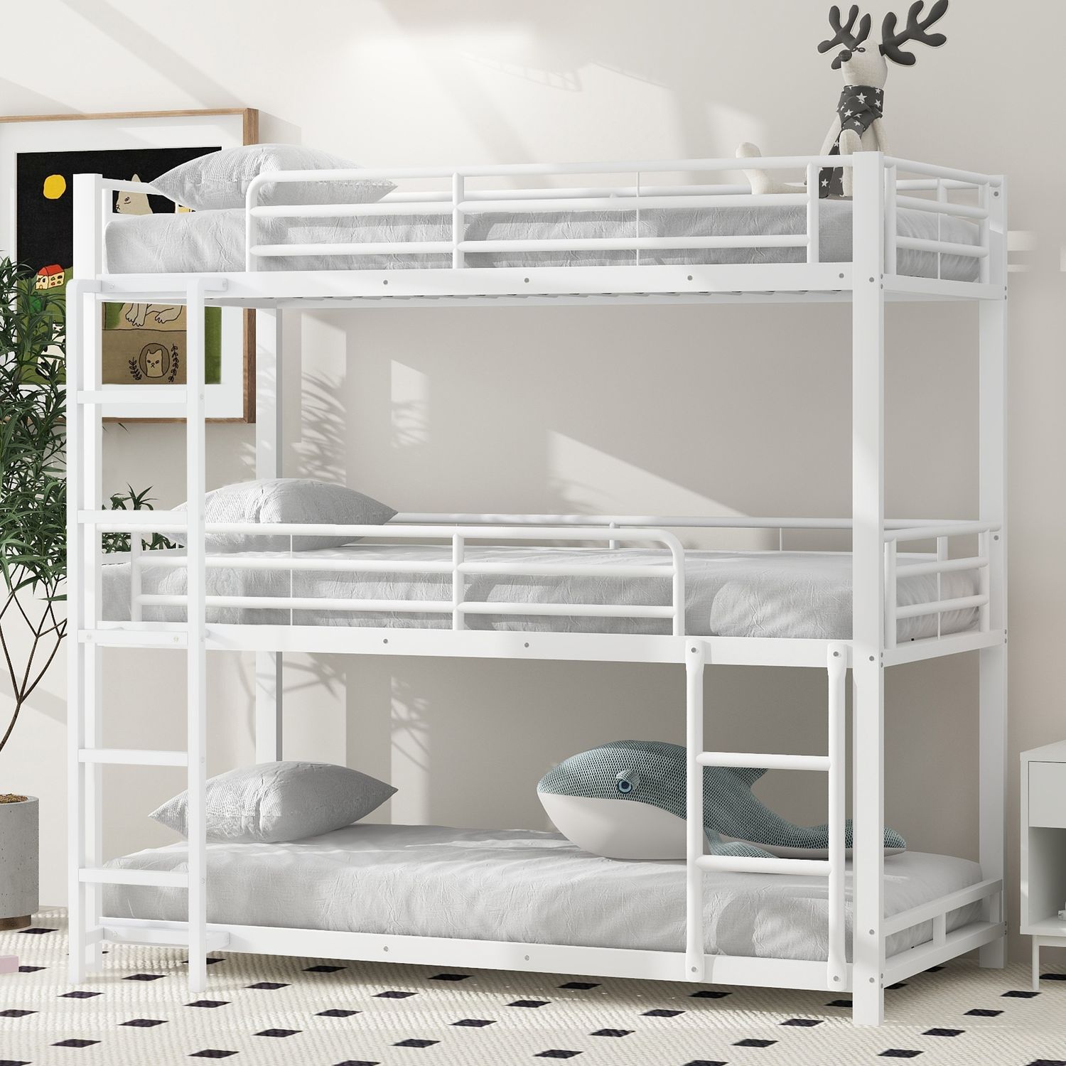 90x200cm Bettgestell Metallbett,Etagenbett,Eisenbett, Dreifach-Etagenbett fr Kinder, Jugendliche und Erwachsene, Wei? Bild 1