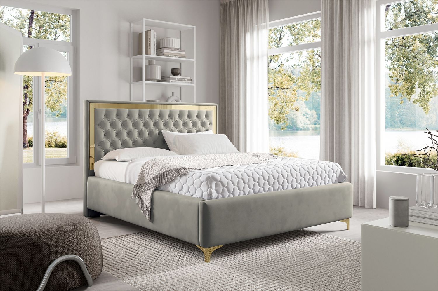 MEBLINI Polsterbett 140x200 mit Lattenrost ohne Matratze – ARONA GOLD – Grau Samt – Doppelbett mit Bettkasten - Stauraumbett - Kopfteil Bett mit Stauraum Bild 1