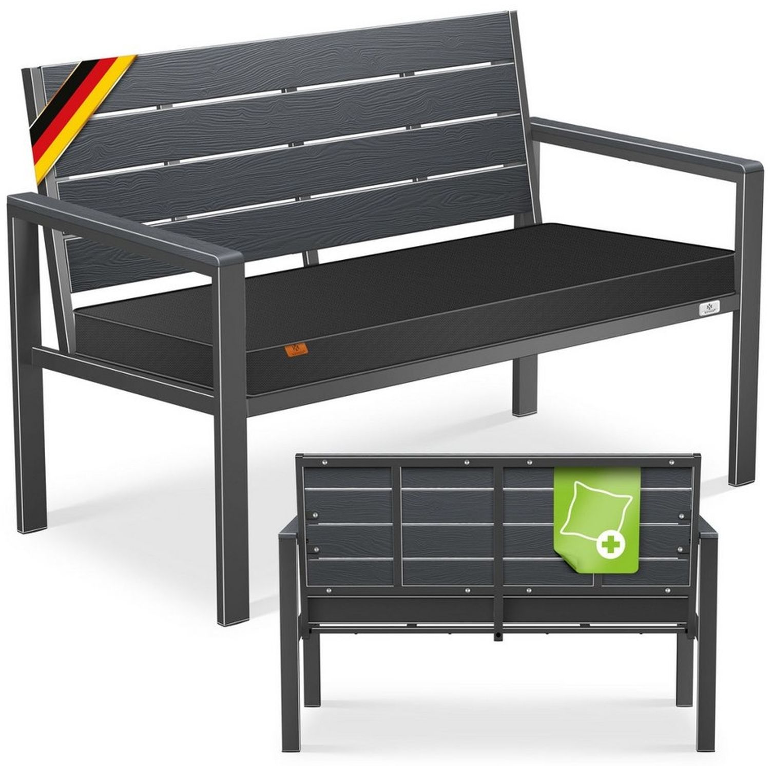 KESSER® Gartenbank mit Kissen – Sitzbank Wetterfest 2-Sitzer Parkbank in Holzoptik Balkonbank für Garten Terrasse Balkon bis 300 kg belastbar UV-beständig inkl. abnehmbarem & waschbarem Polsterbezug Anthrazit / Anthrazit Bild 1