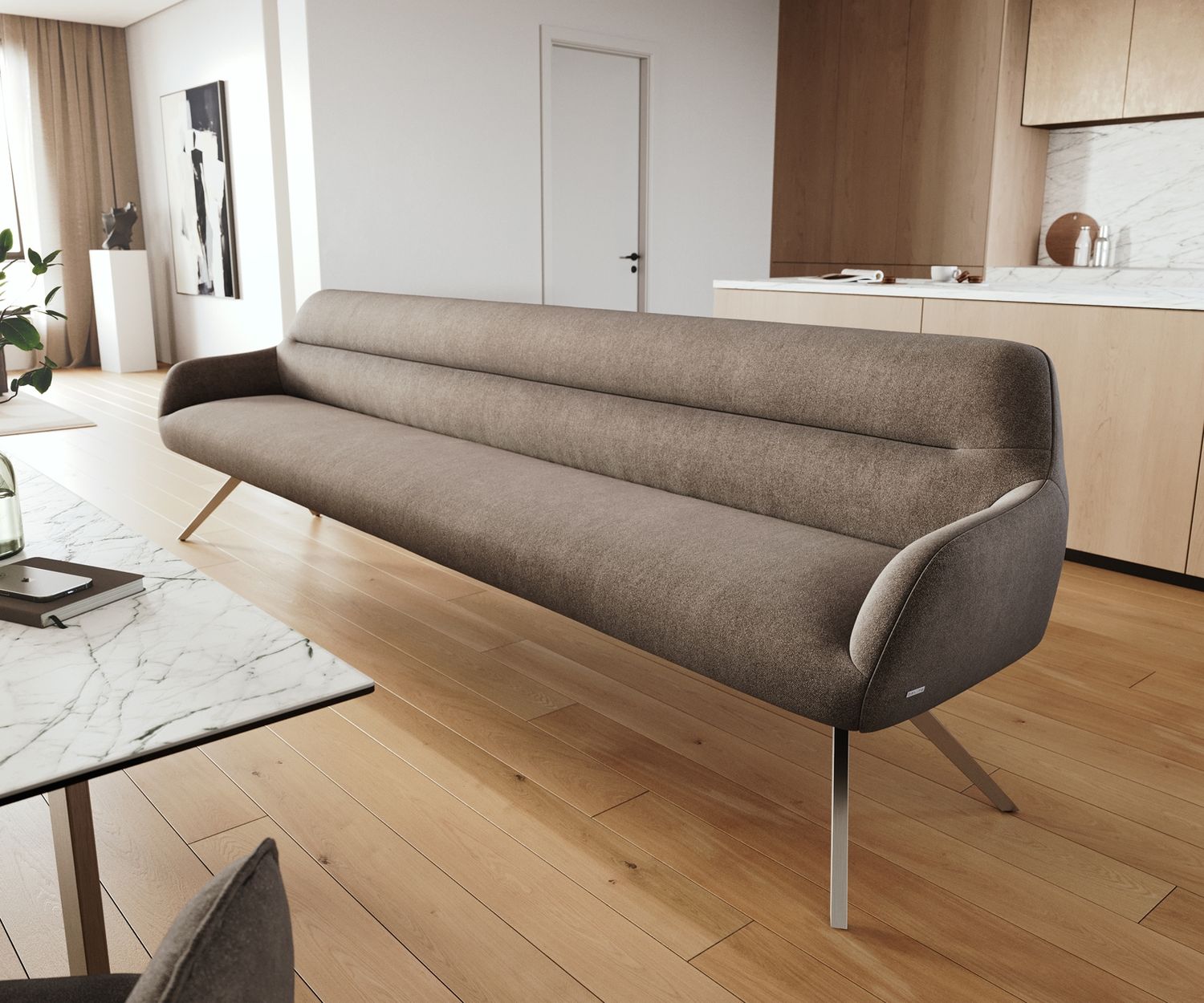 Esszimmerbank Taya-Flex 300 cm Strukturstoff Soft Taupe Kreuzgestell kantig Edelstahl Taschenfederkern Bild 1