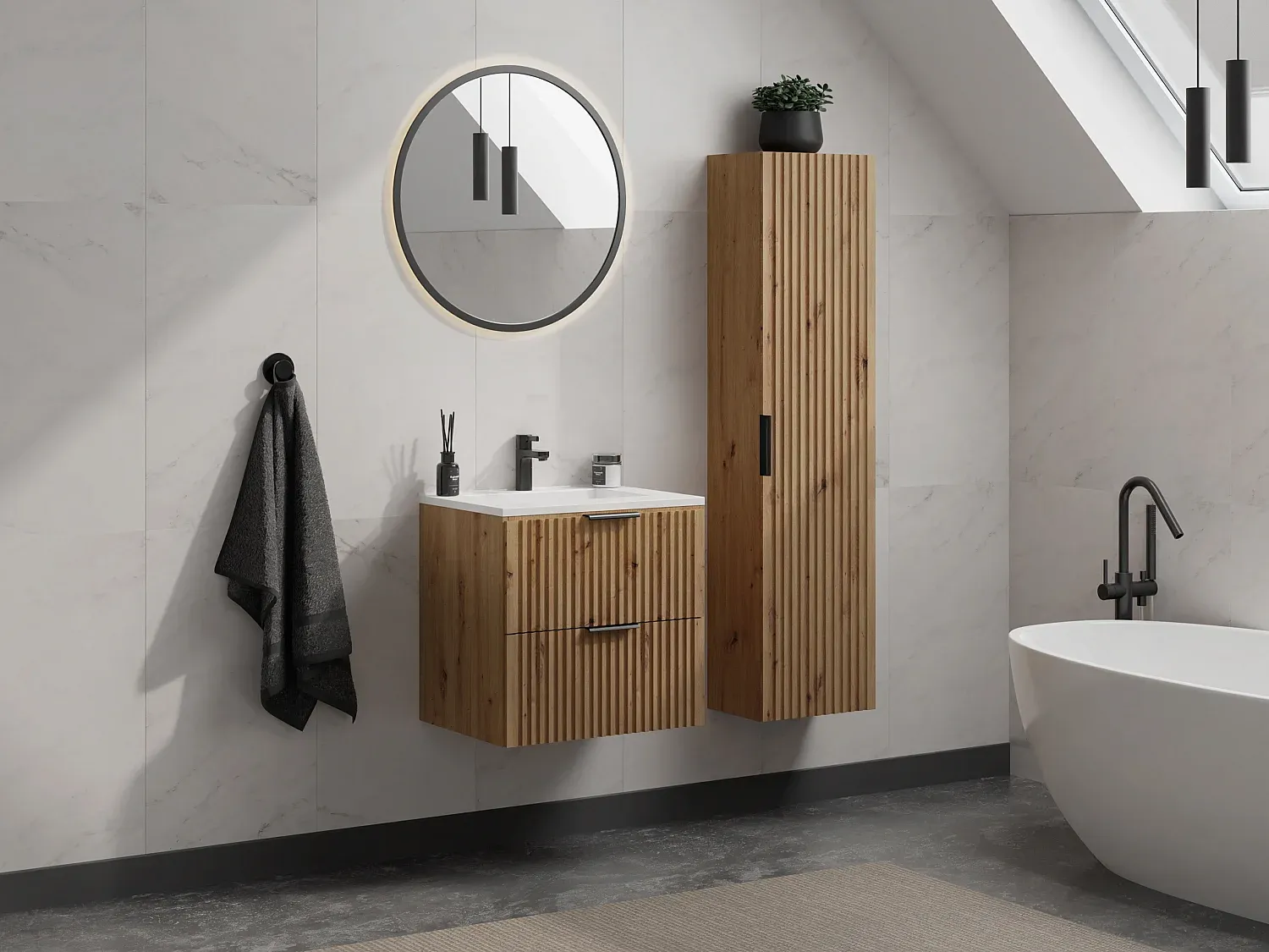 Vente-unique - ZEVARA Bathroom storage unit Holz, Platte Beige - B 25 cm x H 140 cm x L 35 cm Bild 1