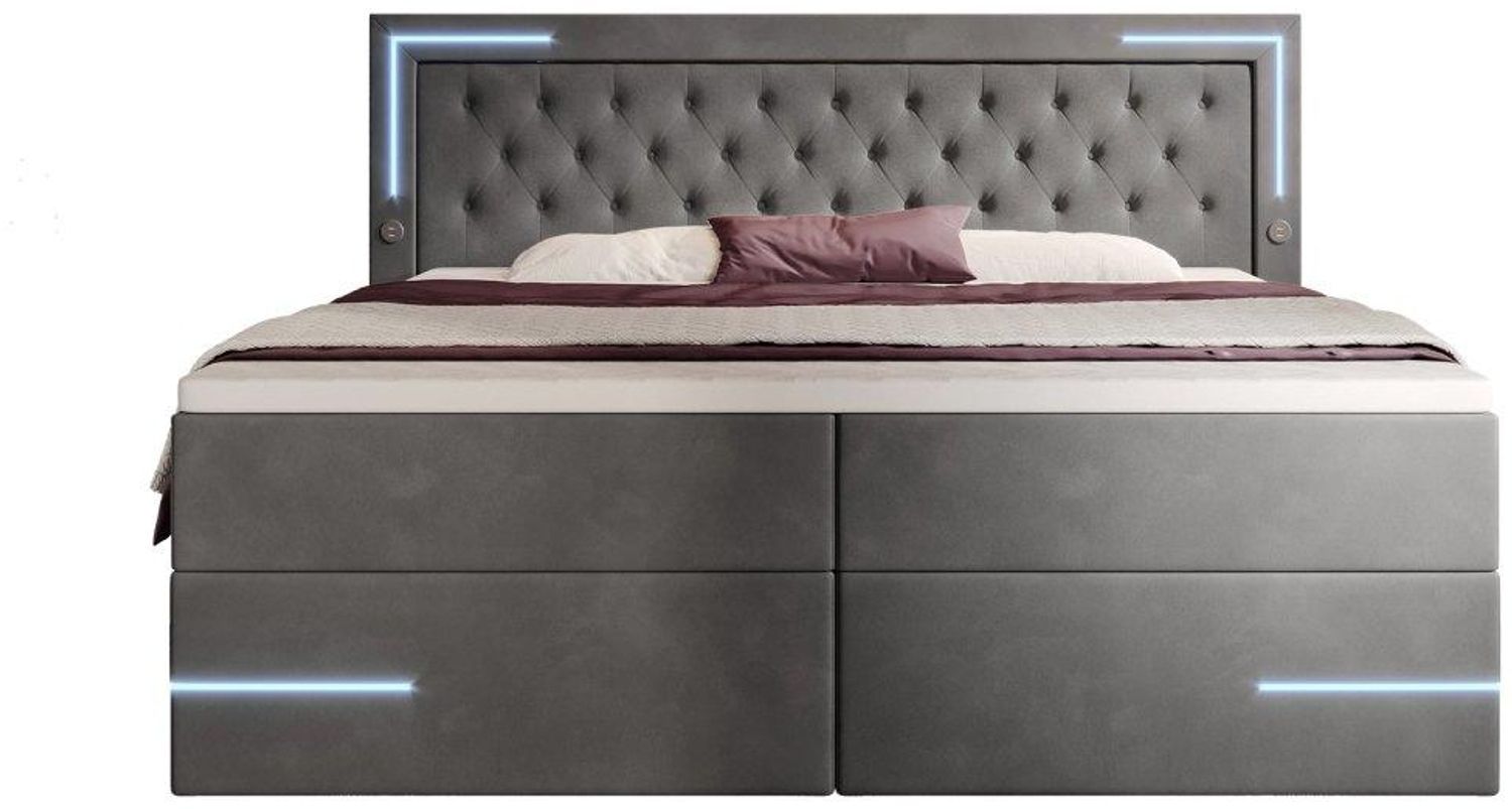 Boxspringbett Carlotta mit LED, Stauraum und USB (Samt) 200x200 Grau H4 (100kg+) Bild 1