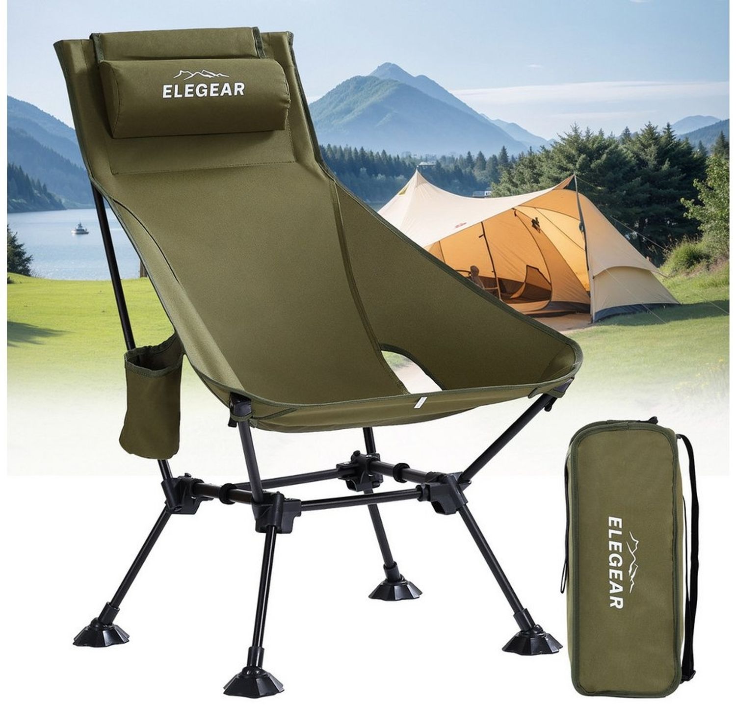 Elegear Campingstuhl faltbar Klappstuhl Anglersessel mit Getränkehalter & Tasche, bis 150kg (1 St), praktisch & ideal für unterwegs, Festival, Open-Air, Angelntuhl Bild 1