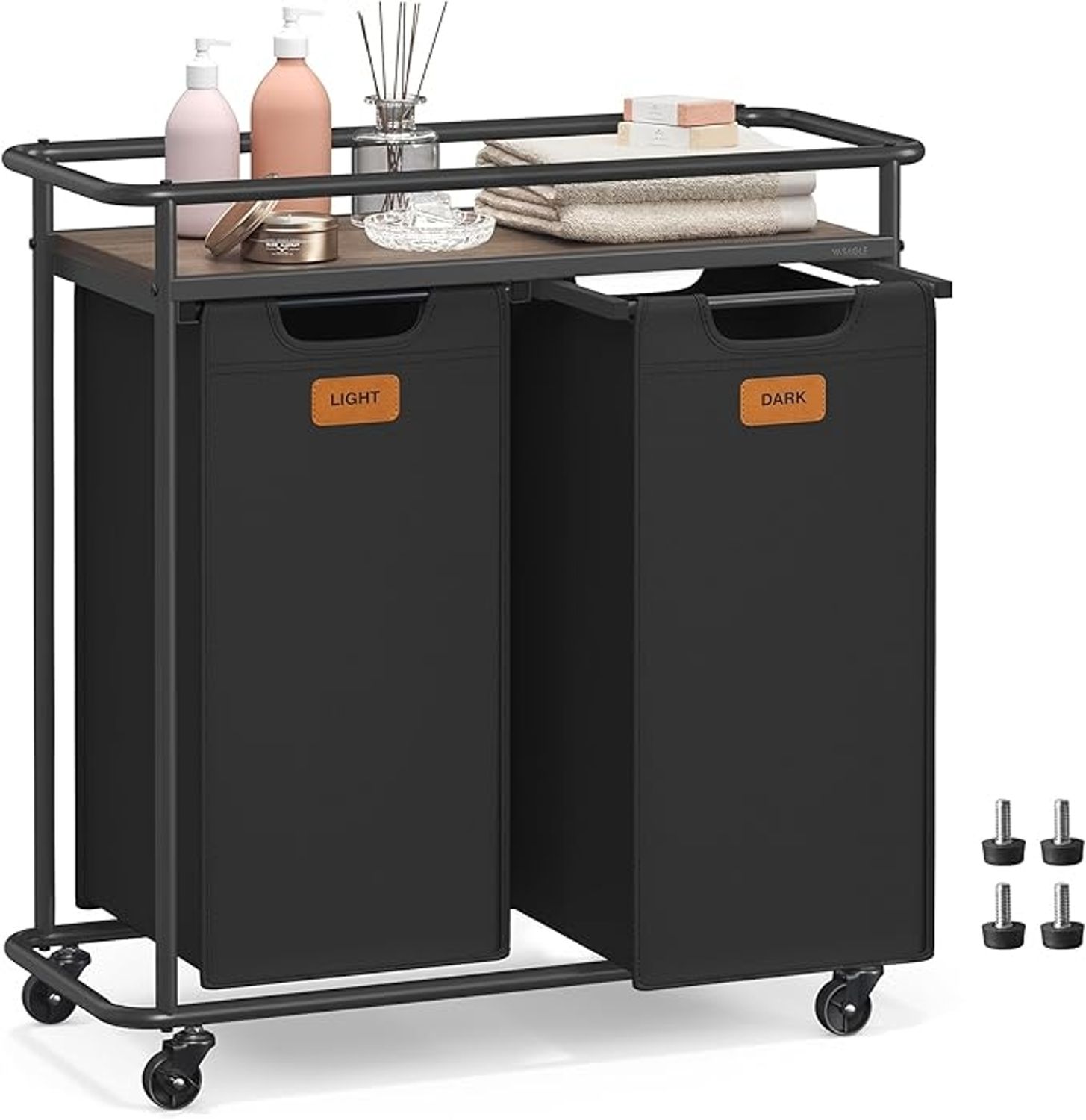 VASAGLE Wäschesammler mit Rollen, Wäschekorb 2 Fächer, 100 L, Wäschesortierer mit Ablage, Wäschewagen, abnehmbare Taschen, 6 Etiketten, Waschküche, tintenschwarz-aschbraun Bild 1