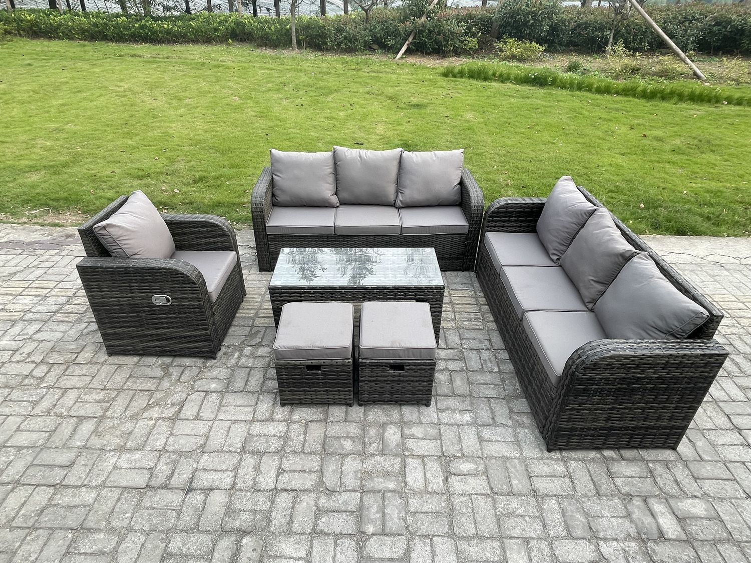 Fimous Rattan Gartenmöbel Set im Balkon 9-Sitzer Garten Sofa Set mit Rechteckiger Couchtisch Liegestühle 2 kleine Fußhockern Bild 1