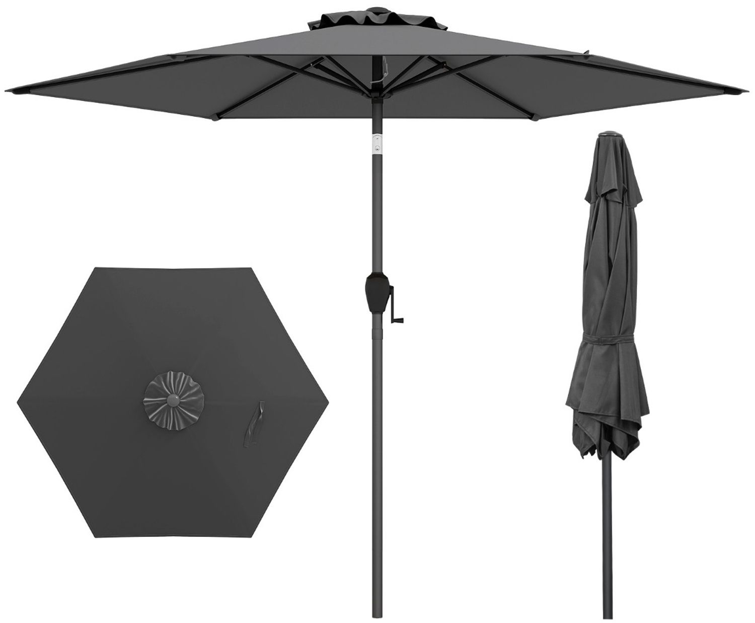 Sonnenschirm 230 cm Gartenschirm mit Kurbel beidseitig um 35° knickbar Terrassenschirm mit 6 Rippen Grau Bild 1
