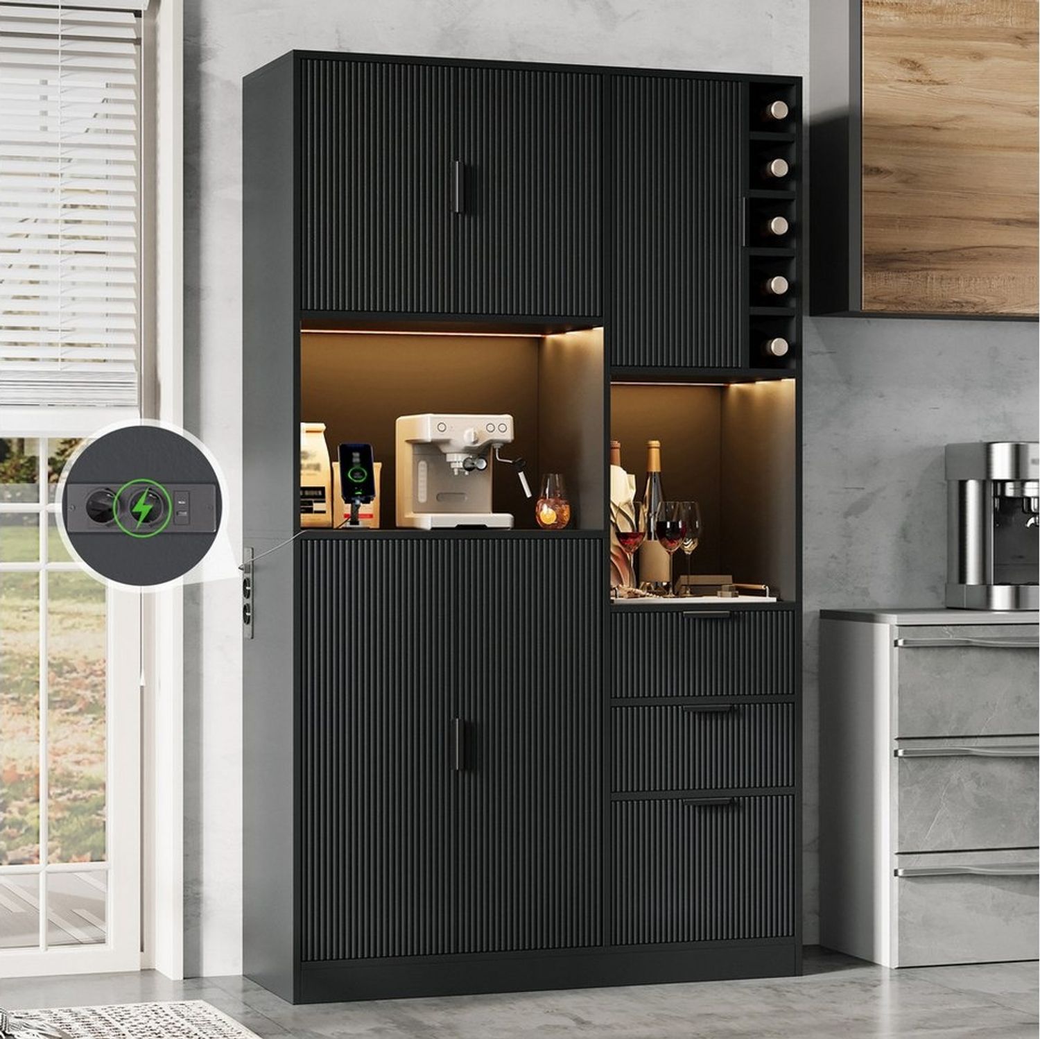 Flieks Küchenbuffet mit Steckdosen, LED-Beleuchtung und verstellbaren Einlegeböden (1-St, B105/T40/H180 cm) Hochschrank Küchenschrank mit verstellbaren Einlegeböden Schwarz Bild 1