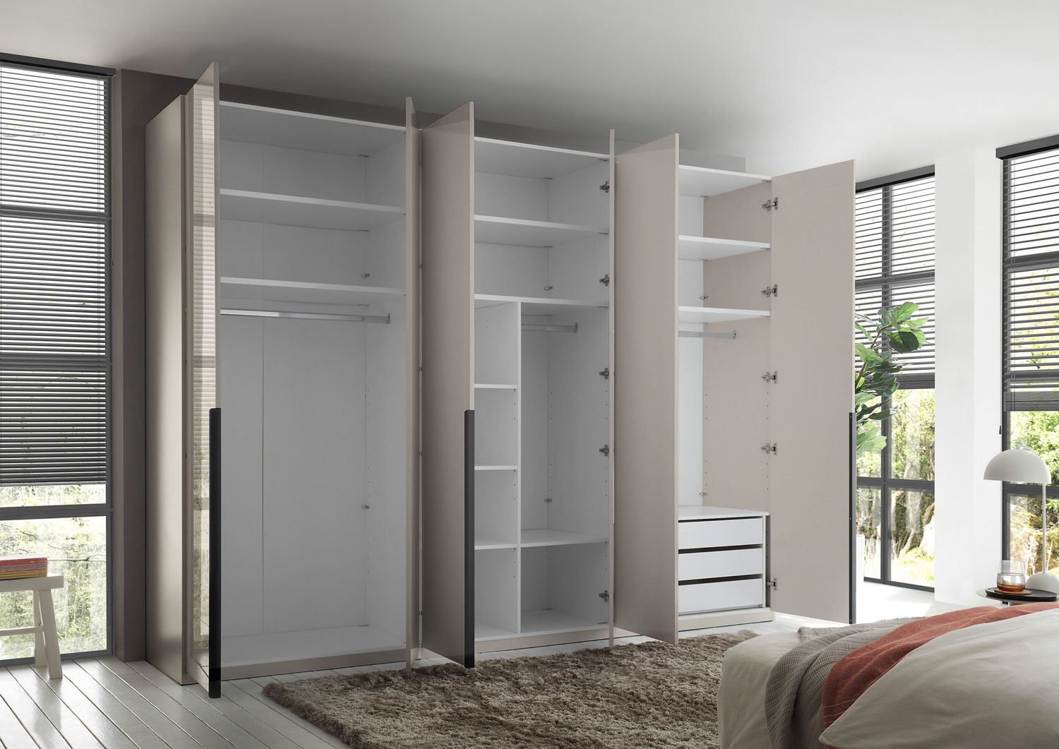 Kleiderschrank Luxus Kashmir mit Mega Ausstattung Breite 3 Meter, Hochglanz mit 6 Türen – Drehtürenschrank, stilvoller Stauraum mit Hoteleinteilung und Schubkästen Bild 1