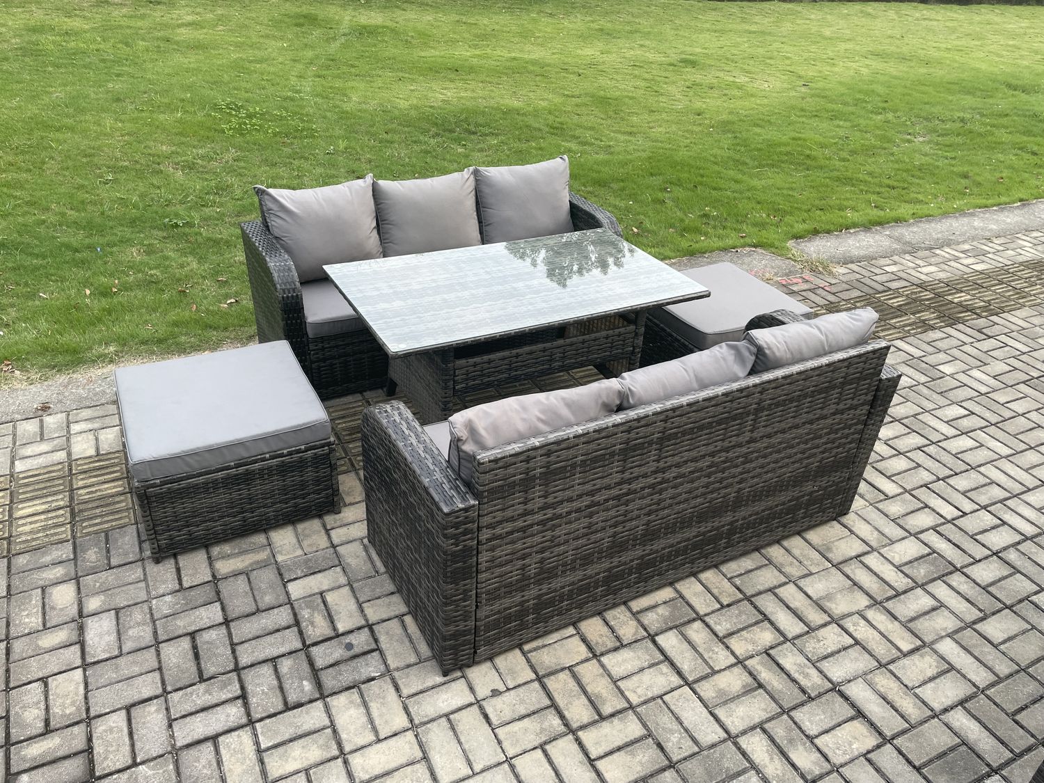 Fimous Rattan Gartenmöbel-Set mit Langer rechteckiger Esstisch 2 Großer Hockern 5 Stücke Outdoor Garten Sofa Set Dunkelgrau gemischt Bild 1