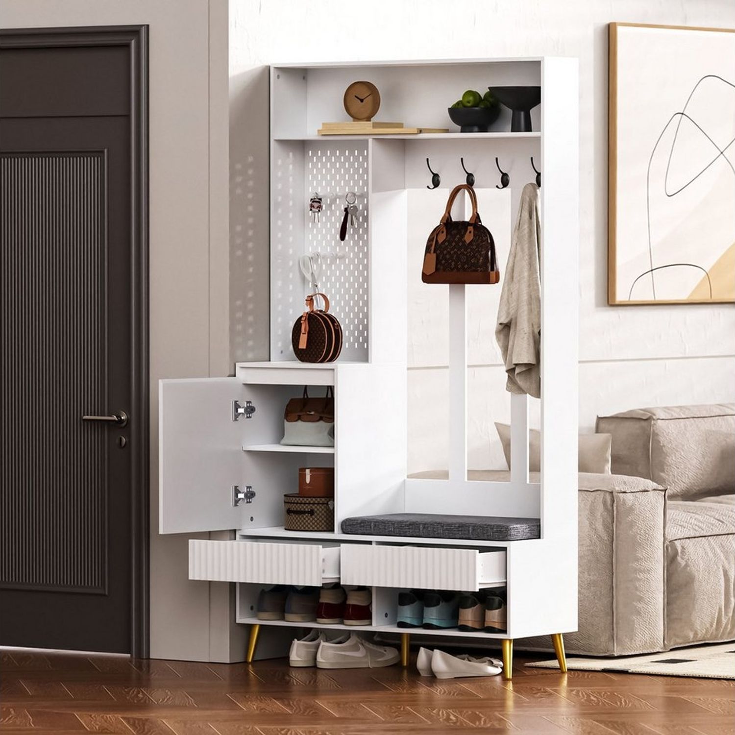 KLAM HOME Garderoben-Set Wandgarderobe, Flurgarderobe Set mit Schuhbank,100Lx35Bx180H cm, Garderoben Set mit 4 Kleiderhaken, zwei Schubladen und 1 Türen Bild 1