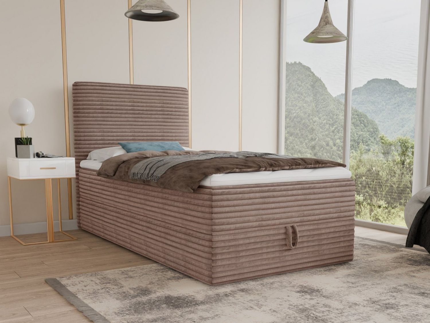 Boxspringbett Mollo Mini mit Bettkasten und Matratzentopper - Einzelbett mit Bonell-Matratze und Topper, Polsterbett in weichem Cordstoff, Bett, Schlafzimmer (Braun (Tilia 17), 100 x 200 cm) Bild 1