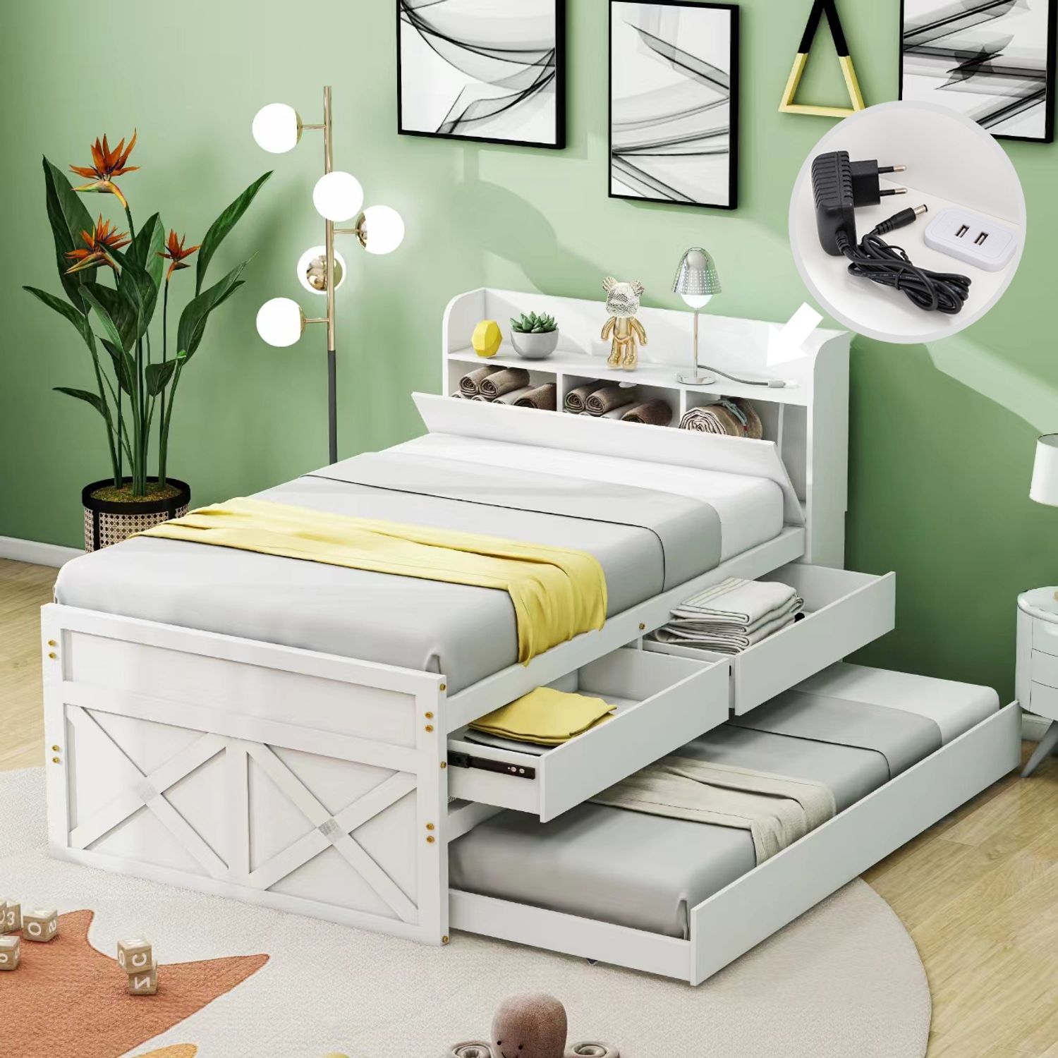 Einzelbett 90x190 cm mit Ausziehbett, 2 Schubladen und Nachttisch mit USB – Massivholz weiß Bild 1