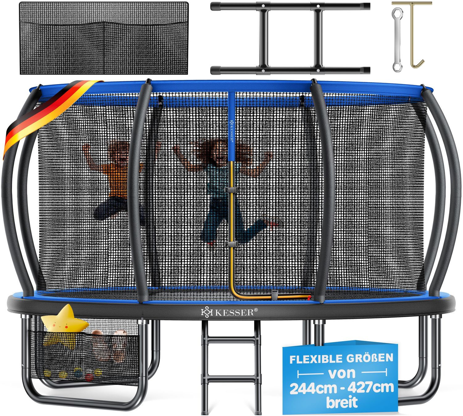 KESSER® Trampolin Outdoor, GS-Zertifikat, Gartentrampolin für Kinder & Erwachsene bis 150 kg mit Sicherheitsnetz, inklusive Tasche, Leiter, Randabdeckung & gepolsterten Netzstangen Blau, Ø 366 cm Bild 1