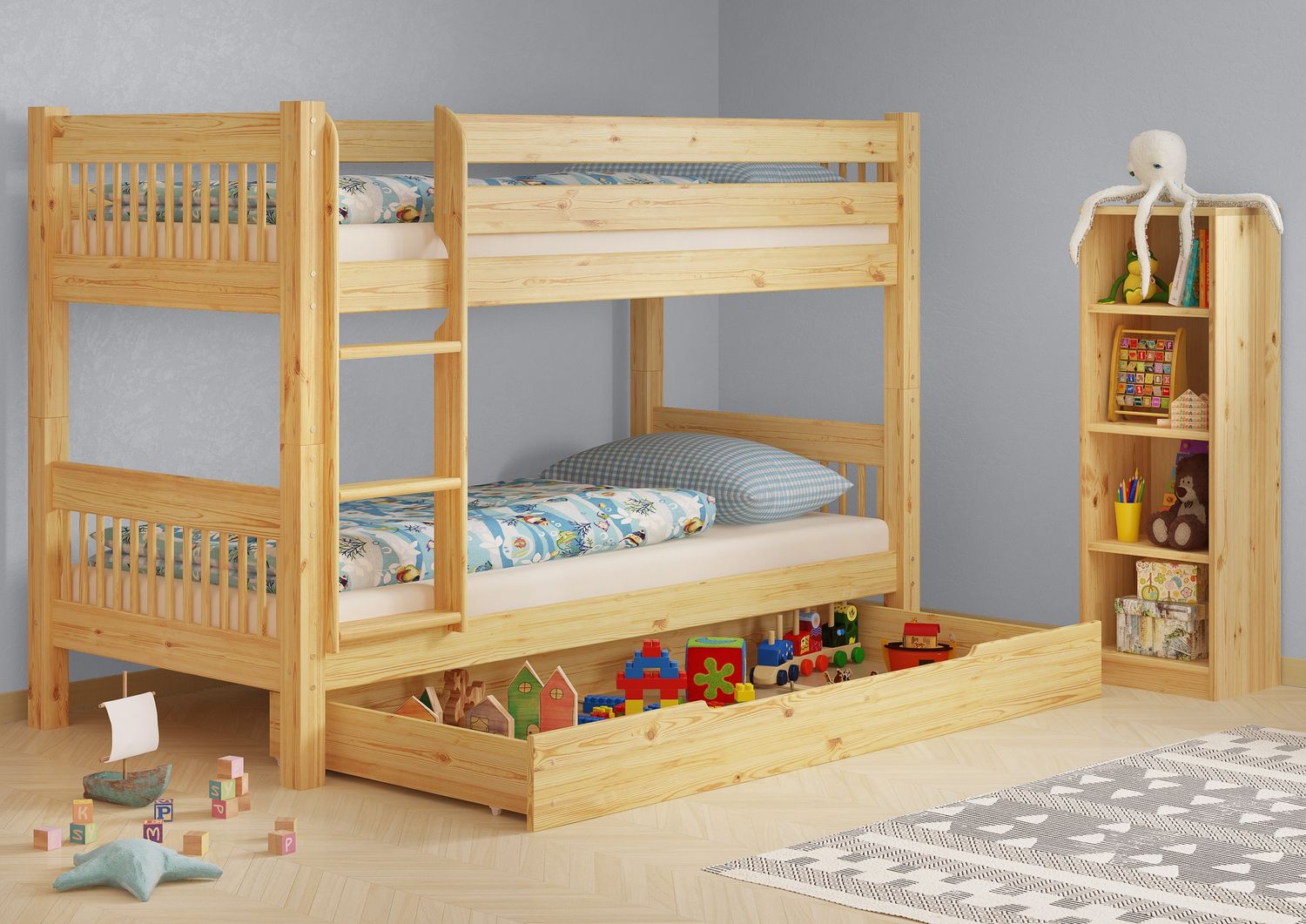 Kinderstockbett aus Massivholz mit wählbarem Zubehör, Liegefläche 90x200 V-60.12-09Ni70Rollrost. Matratzen und Bettkasten inkl. Bild 1