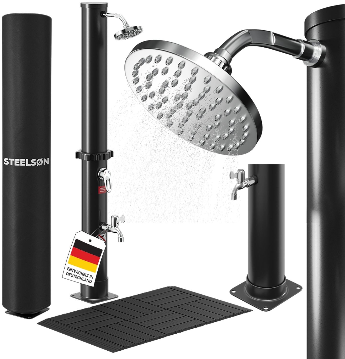 STEELSØN 'Velion' Solardusche 20 Liter, schwarz, warmes Wasser bis 60°C, schwankender Regenduschkopf und Wasserhahn, inkl. Schutzhaube und Kunststoffboden Bild 1
