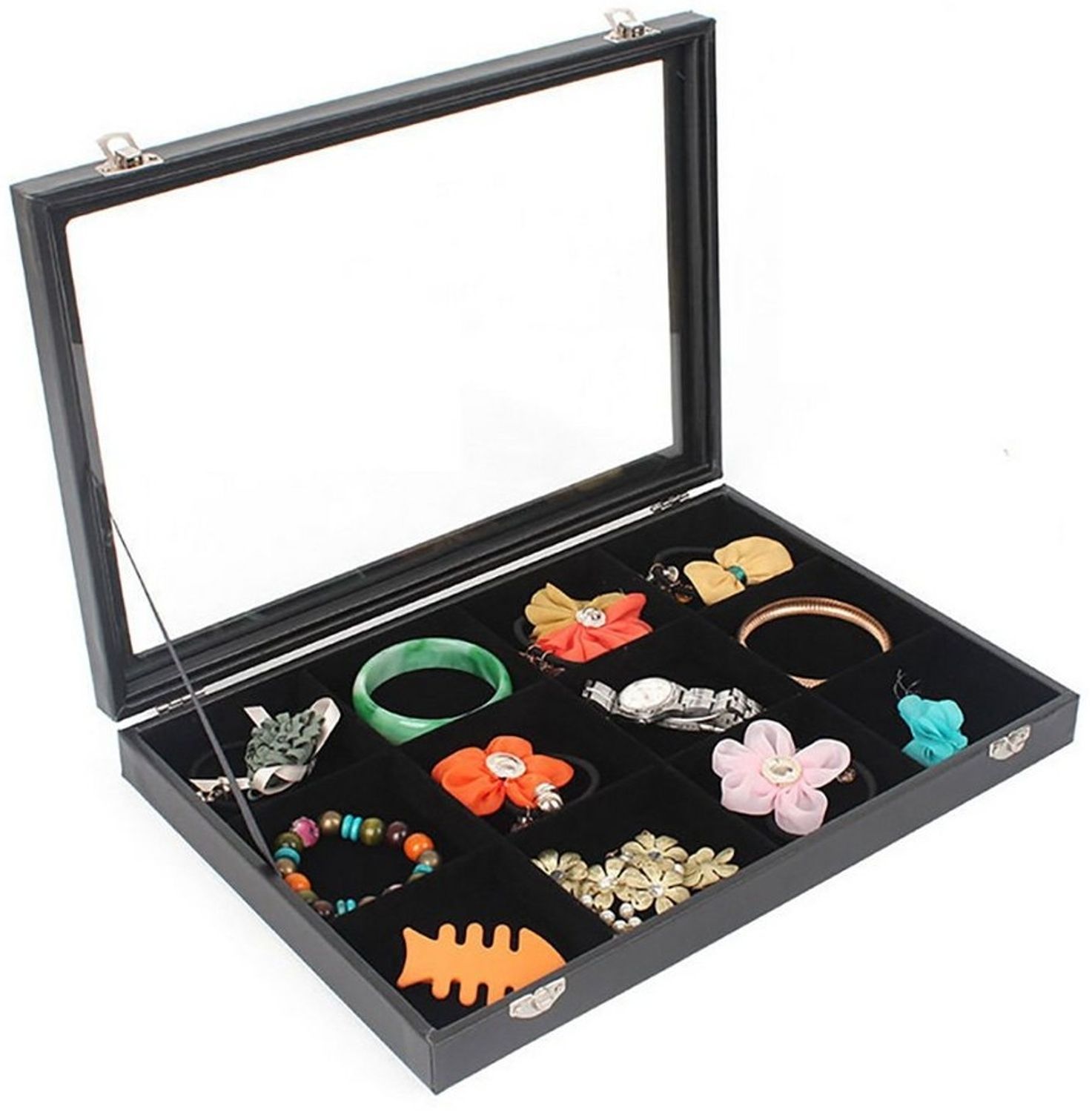 Sinoba Schmuckkasten Schmucklade Schmuckkästchen Schmuckbox für Ringe Ketten Ohrringe, Holz-Korpus, Velours-Bezug, mit Echtglas-Deckel Bild 1