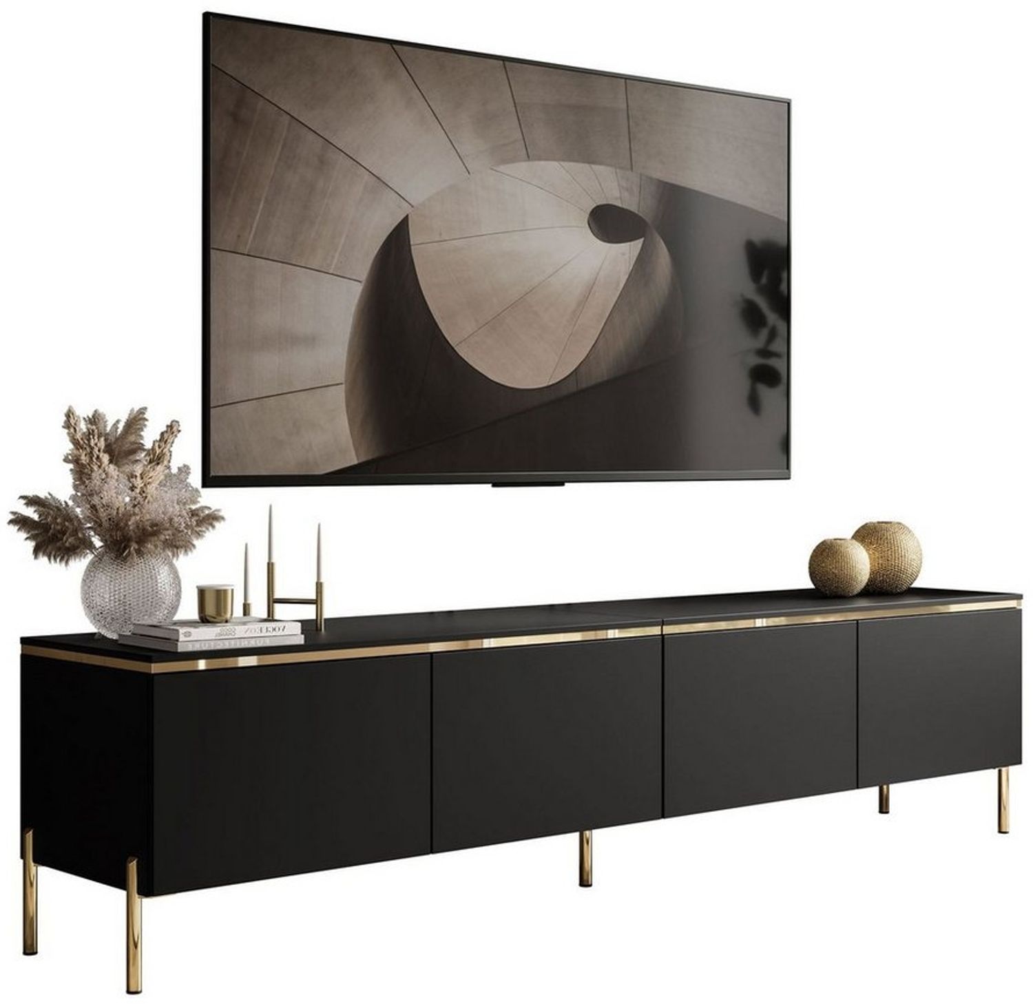 Lookway TV-Schrank CELINE Schwarz Matt auf goldenen Füßen mit LED-Beleuchtung Breite: 200 cm Bild 1