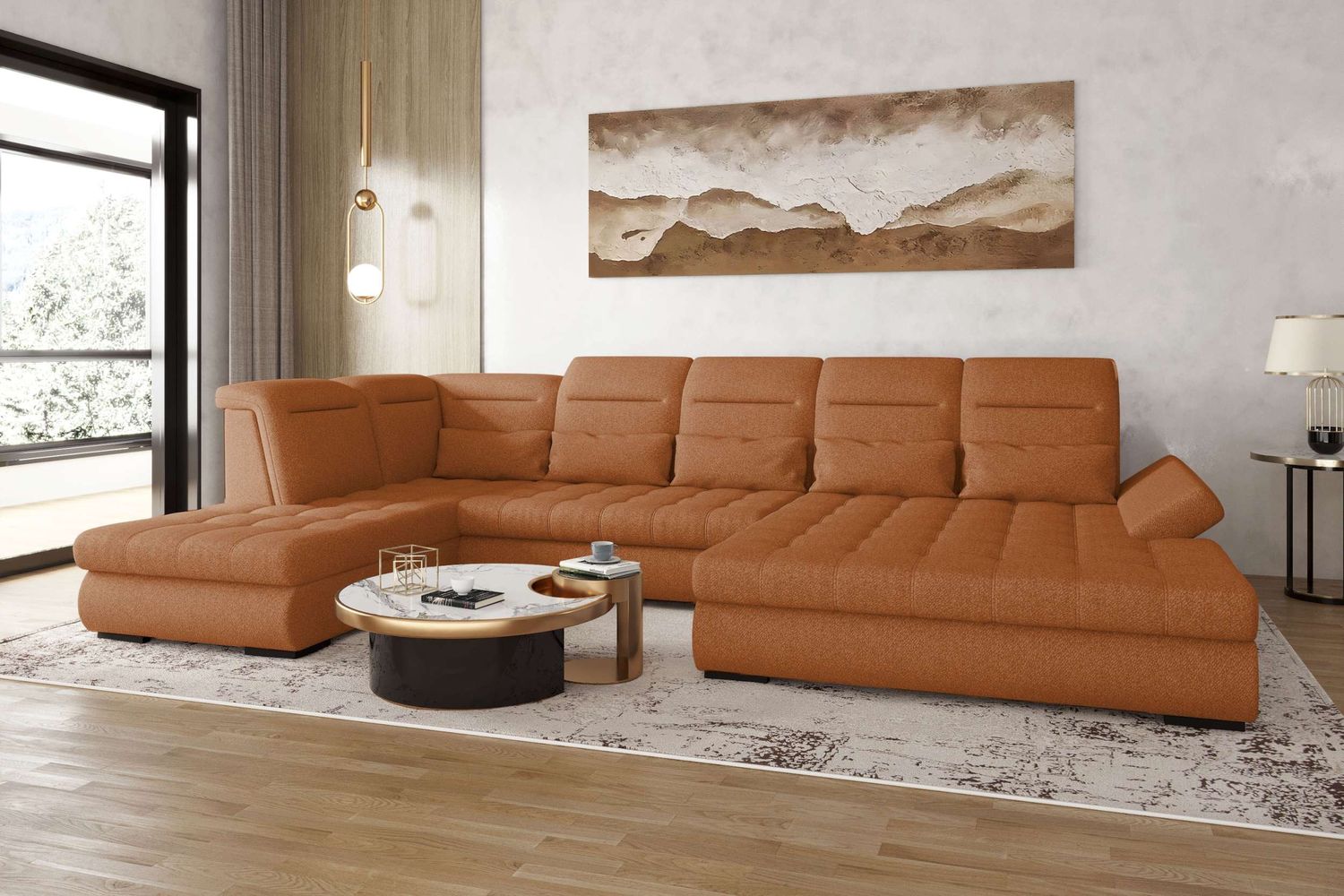 99rooms Toscana Wohnlandschaft Strukturstoff NEVE Rostfarben Rechts mit Schlaffunktion Lieferung Wohnung Bild 1