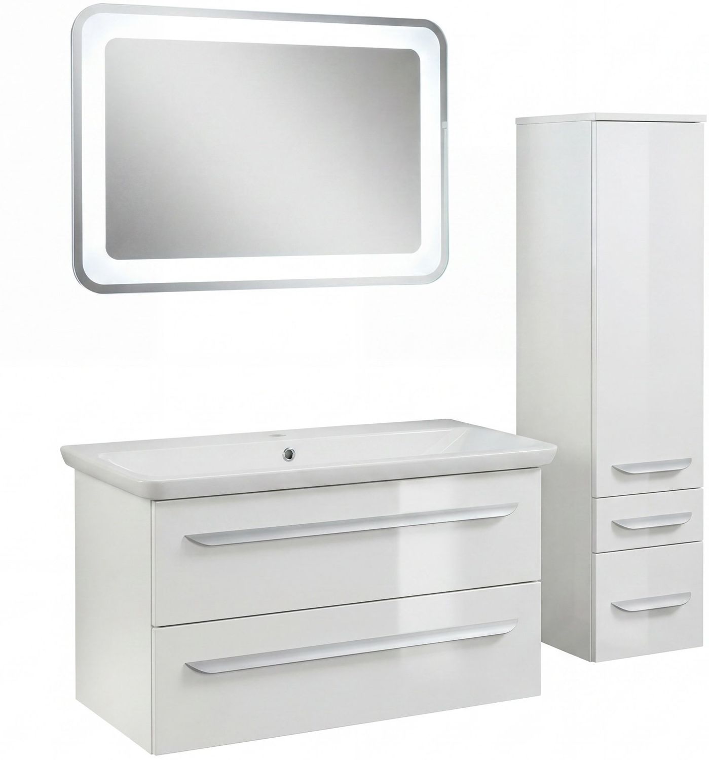 Lanzet M9 Badmöbel Set 5-teilig, 100 cm breit, Weiß, LED Spiegelelement + Midischrank Bild 1