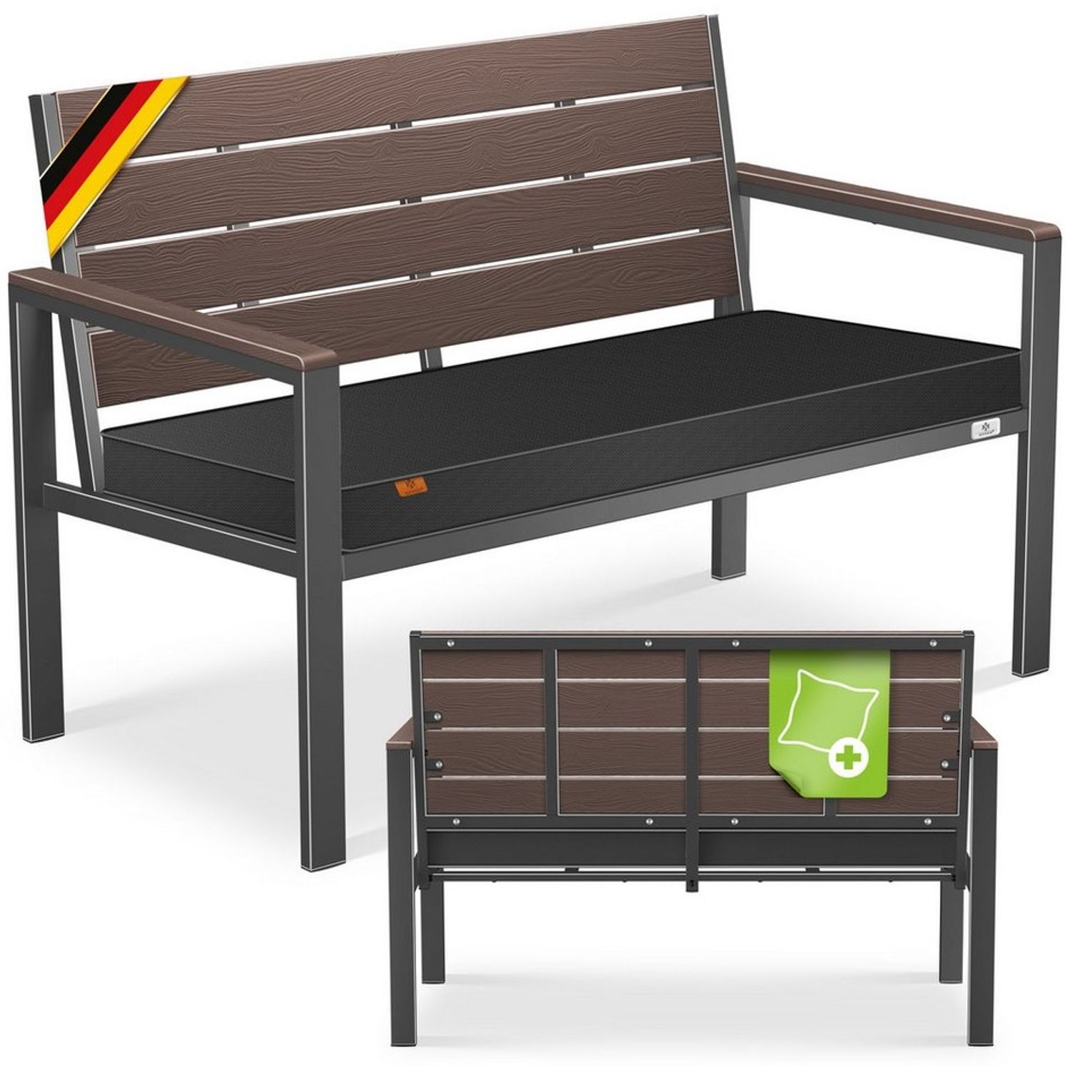 KESSER® Gartenbank mit Kissen – Sitzbank Wetterfest 2-Sitzer Parkbank in Holzoptik Balkonbank für Garten Terrasse Balkon bis 300 kg belastbar UV-beständig inkl. abnehmbarem & waschbarem Polsterbezug Coffee / Anthrazit Bild 1