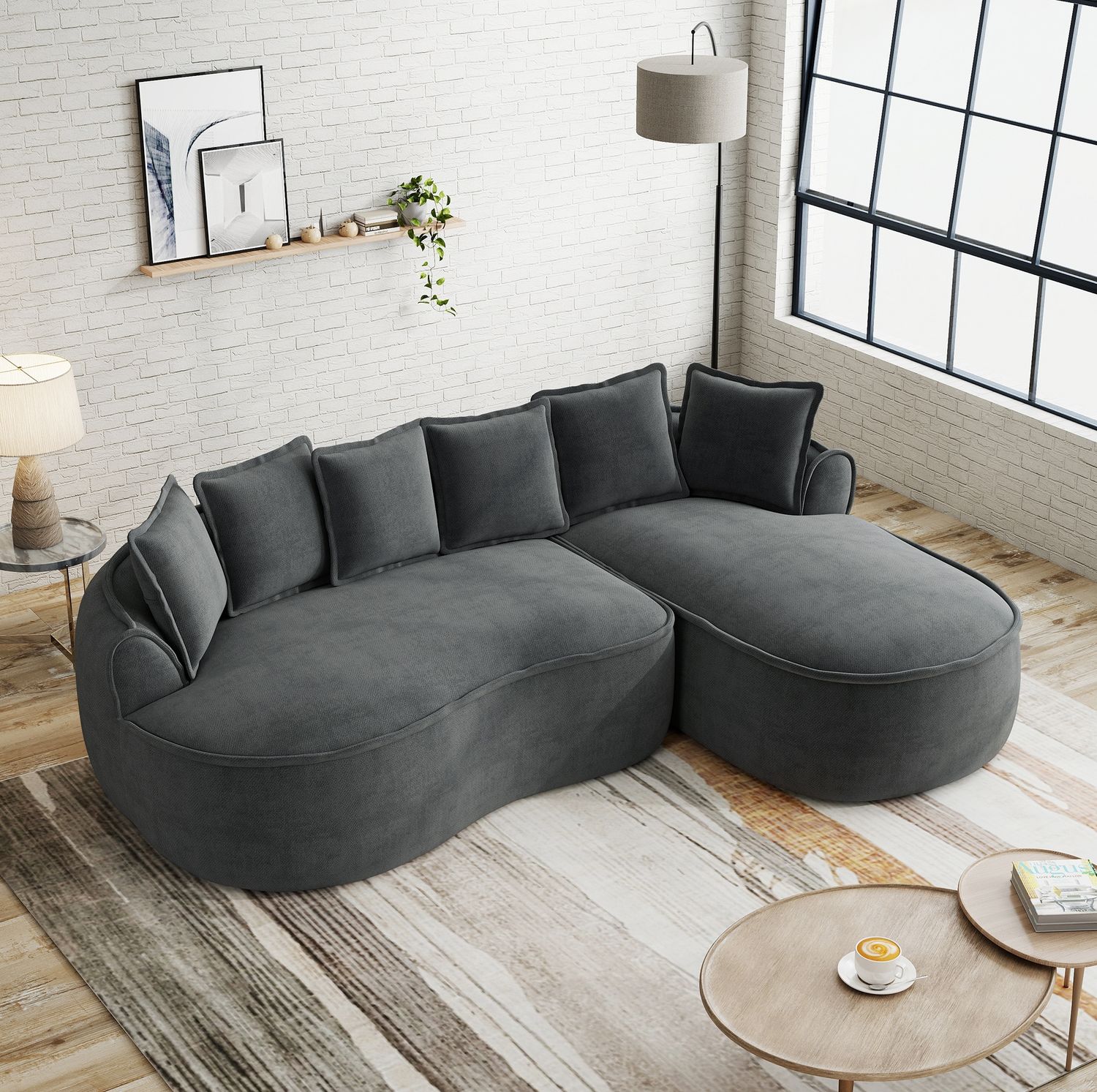 Modulsofa Chenille mit tiefer Chaiselongue & breiten Armlehnen, 252x164x67 cm, grau Bild 1