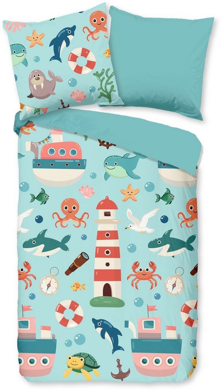 PURE luxury collection Kinderbettwäsche Sailor, Microfaser, 2 teilig, Mikrofaser, 135x200, 2 Teilig, Wendeoptik, Kind, Meerestiere, Maritim Bild 1