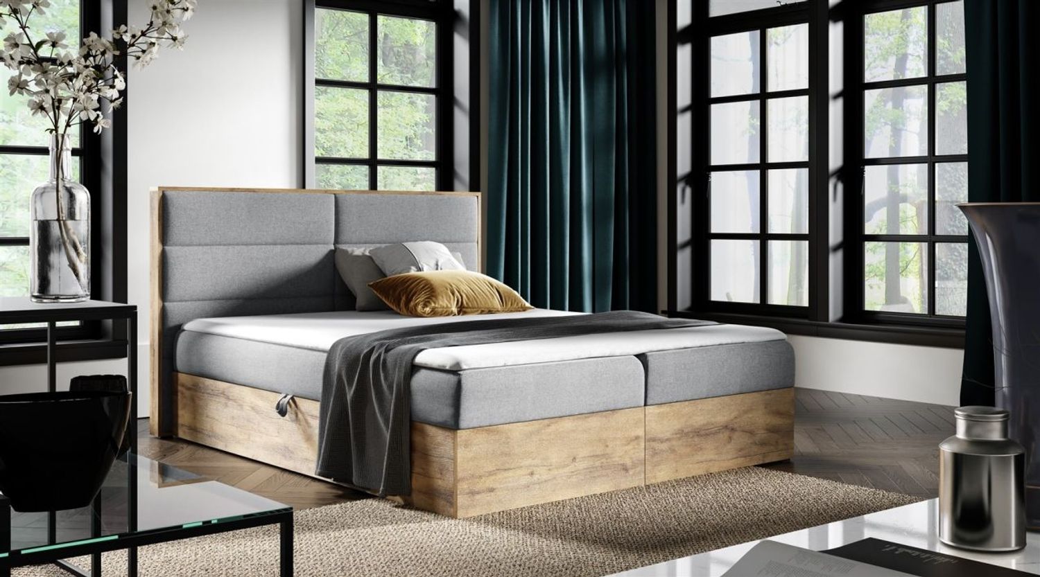 Boxspringbett Bett LAMBROS 180x220cm Lancelot Eiche Stoff Grau inkl. Bettkasten Bild 1
