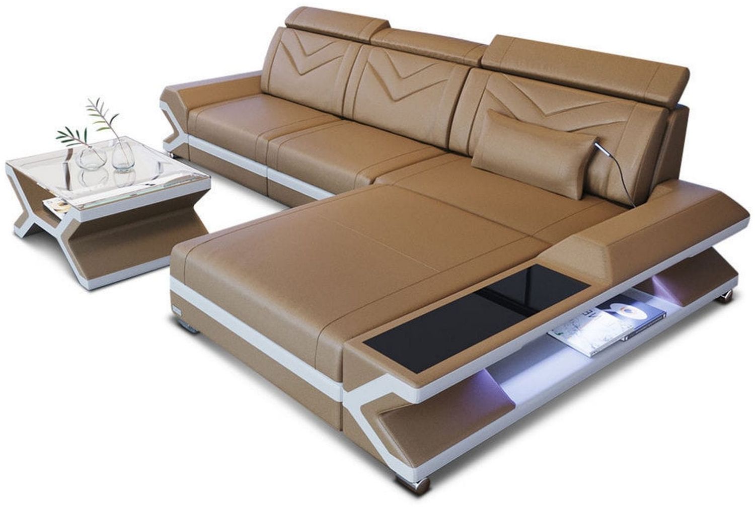 Ecksofa Napoli L Form aus Leder - Büffelleder - sandbeige-weiß - Rechts Bild 1