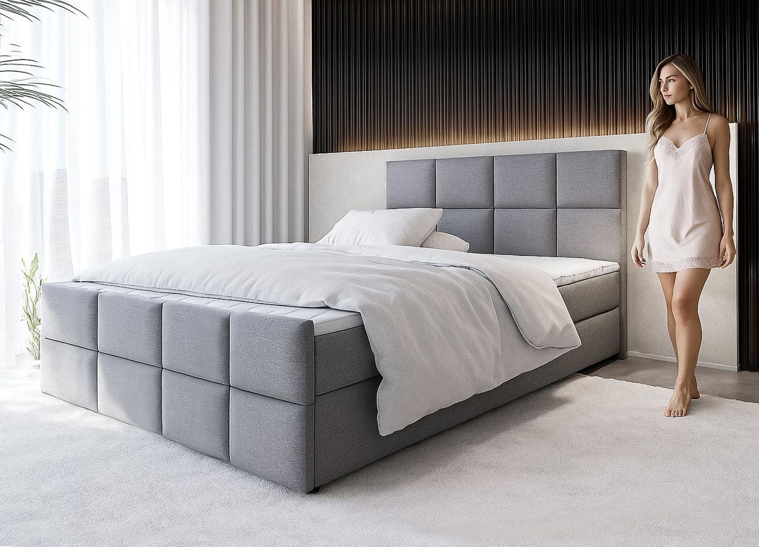 AX LIVING Boxspringbett Grau Aleyna Bett 160 x 200 mit Bettkasten Bild 1