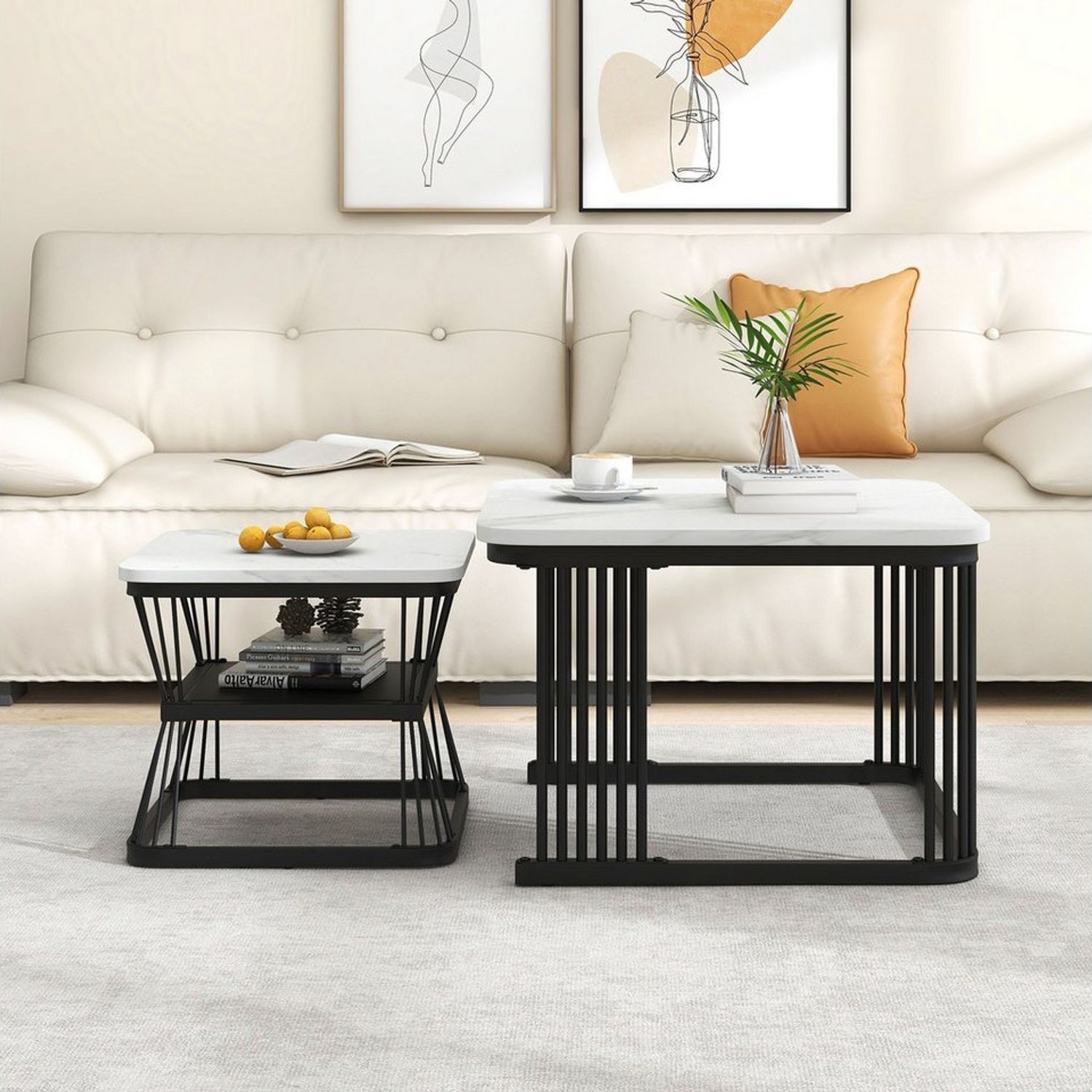 MODFU Couchtisch und 2er Set, Beistelltisch (2-St, 1), mit Tischplatte in Marmoroptik, Satztisch mit Metallrahmen Bild 1