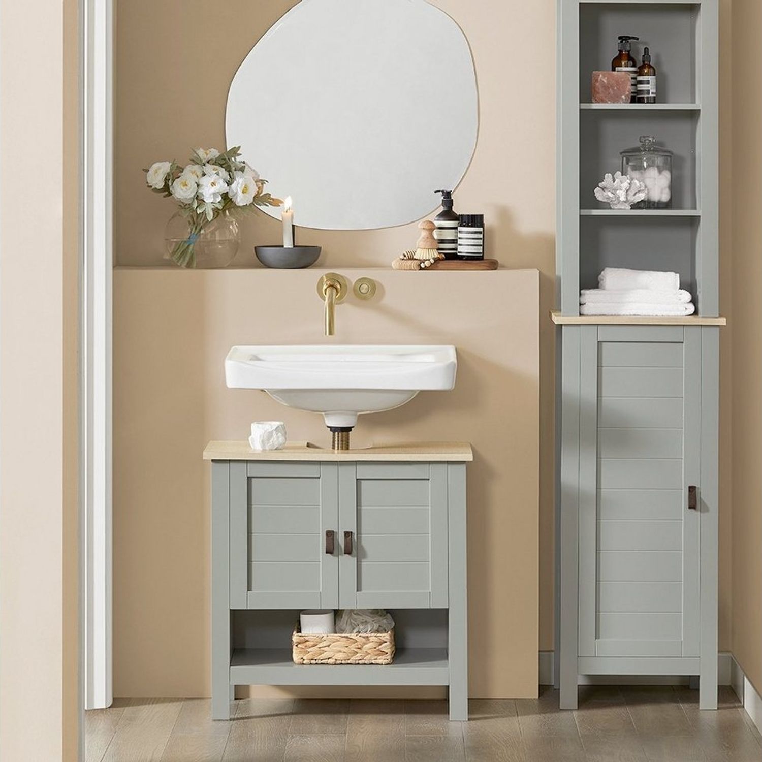 SoBuy Waschbeckenunterschrank BZR69 Badschrank Waschtisch Unterschrank Badmöbel Hellgrau Bild 1