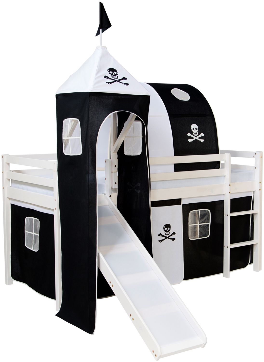 Homestyle4u Spielbett mit Tunnel und Rutsche, Pirat, Kiefernholz weiß, 90x200 cm Bild 1