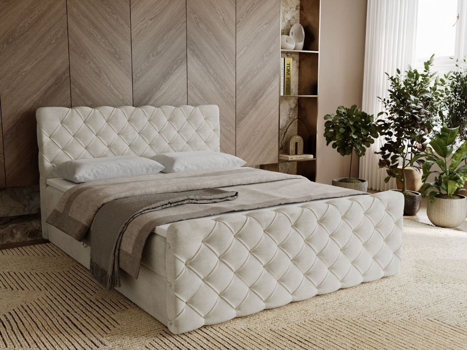 GRAINGOLD Lunaris Doppelbett 160x200, Boxspringbett mit Kopfteil, zwei Bettkästen, Velour-Stoff, Creme Bild 1