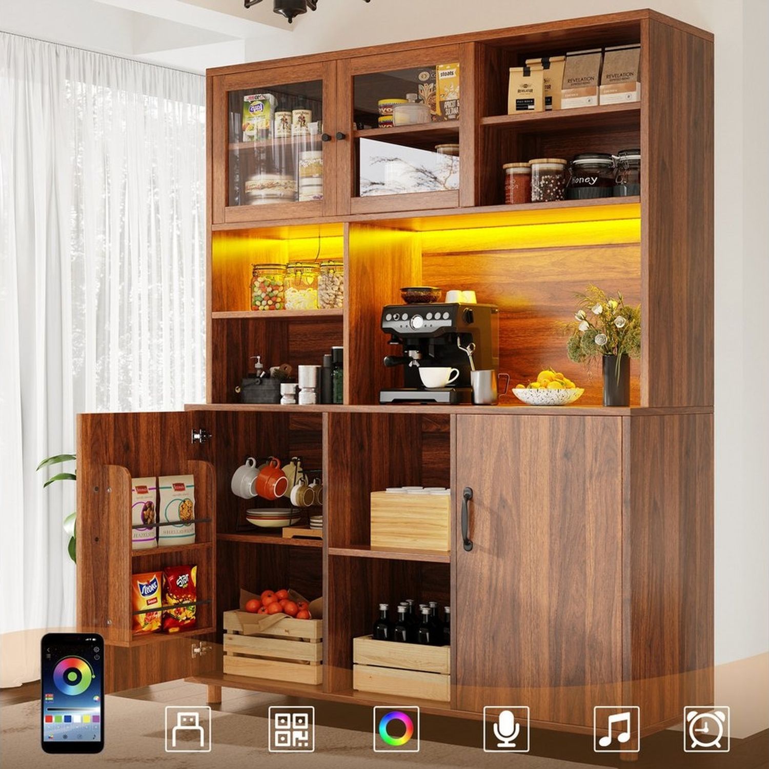 Flieks Küchenbuffet mit LED-Beleuchtung, Glas-Schiebetüren und Türregalen (1-St, B140/T40/H185 cm) Hochschrank Küchenschrank Geschirrschrank mit verstellbare Ablagen Bild 1