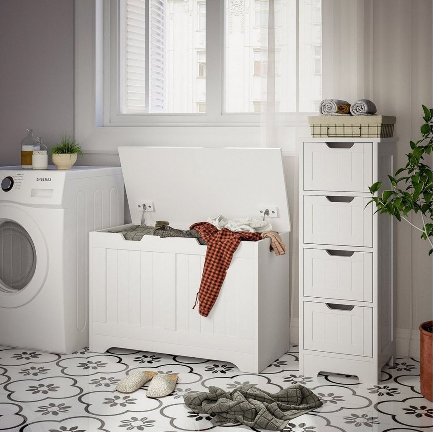 Mondeer Badkommode Badezimmerschrank, Spielzeugkiste, Sitztruhe, 72 x 48 x 36 cm, Weiß Bild 1